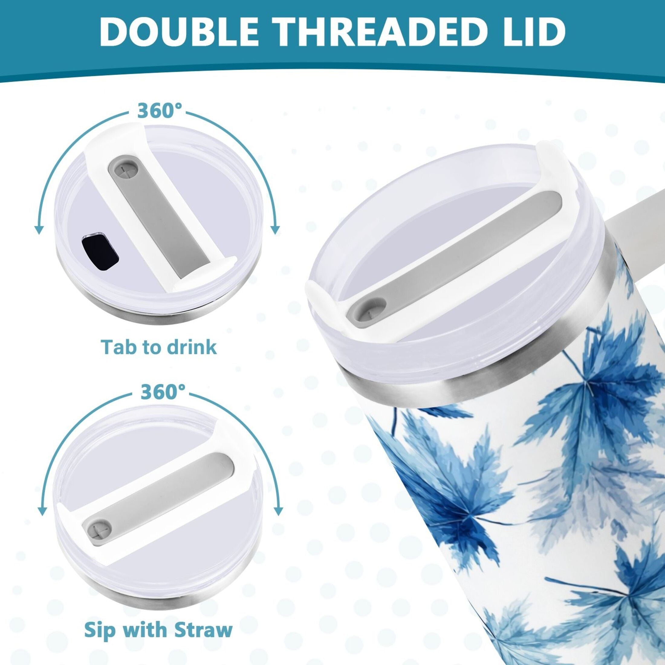 30 oz Insulated Stainless Steel Tumbler Double Wall Stainless Steel Tumbler with 2-Way Drinking Abstract Blue Maple Leaves [42LX]