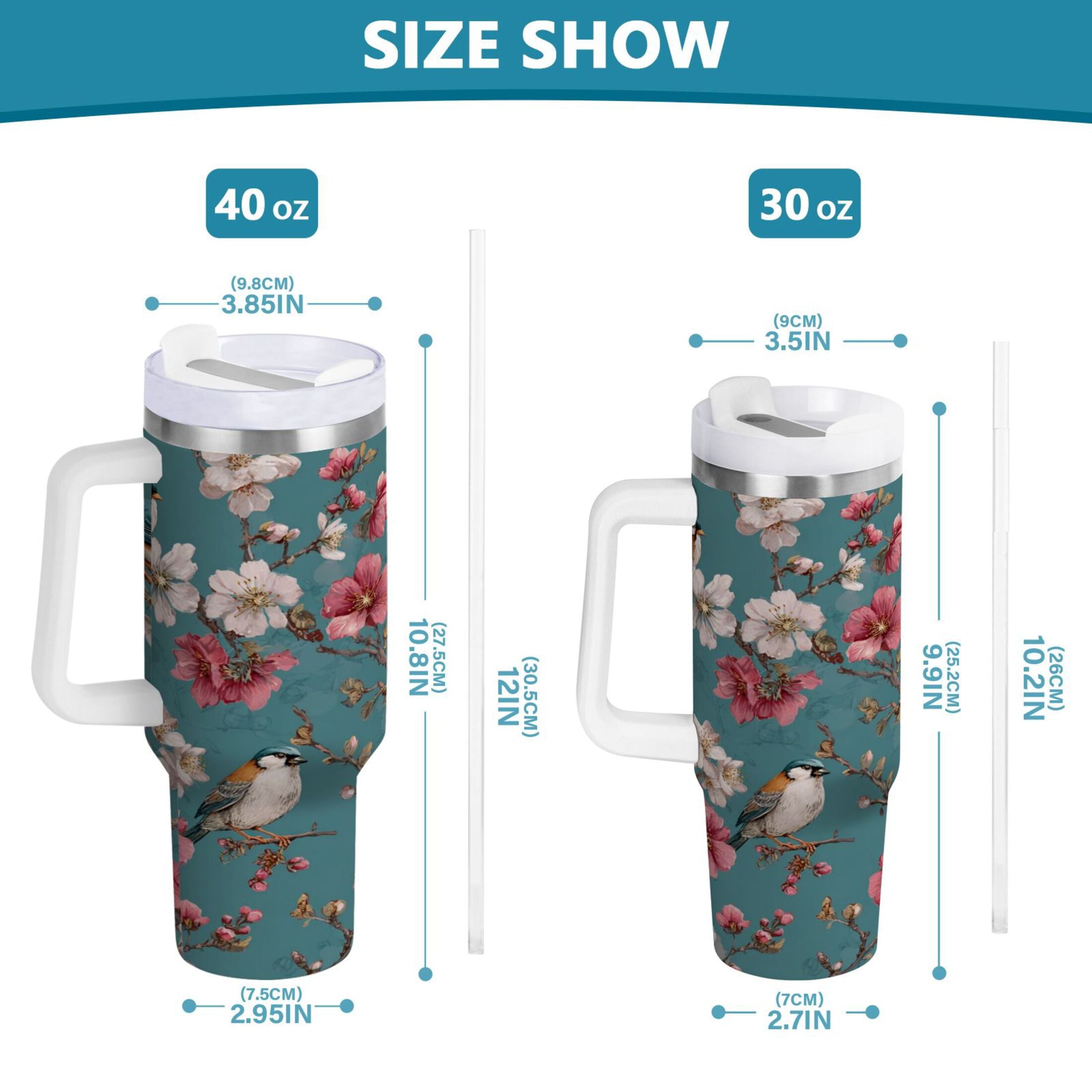 30 oz Insulated Stainless Steel Tumbler Double Wall Stainless Steel Tumbler with 2-Way Drinking Birds and Cherry Pattern [M5HK]