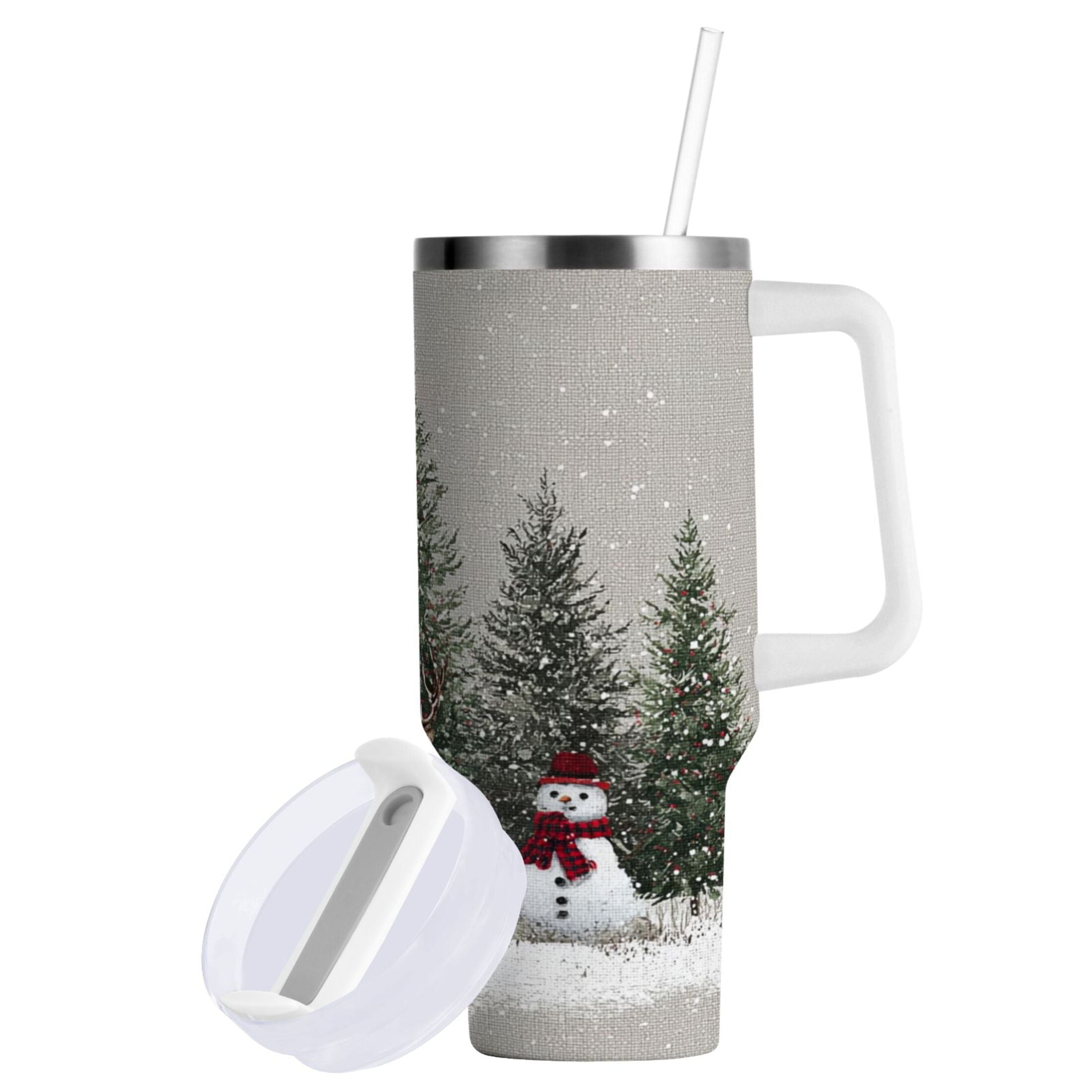 30 oz Insulated Stainless Steel Tumbler Double Wall Stainless Steel Tumbler with 2-Way Drinking Christmas Deer and Snowmen [PE84]