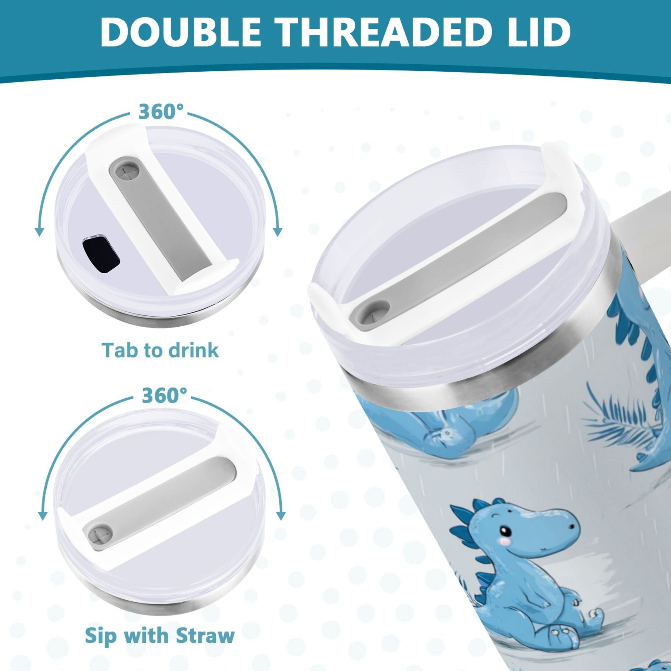 30 oz Insulated Stainless Steel Tumbler Double Wall Stainless Steel Tumbler with 2-Way Drinking Cartoon Blue Dinosaurs [2T1W]