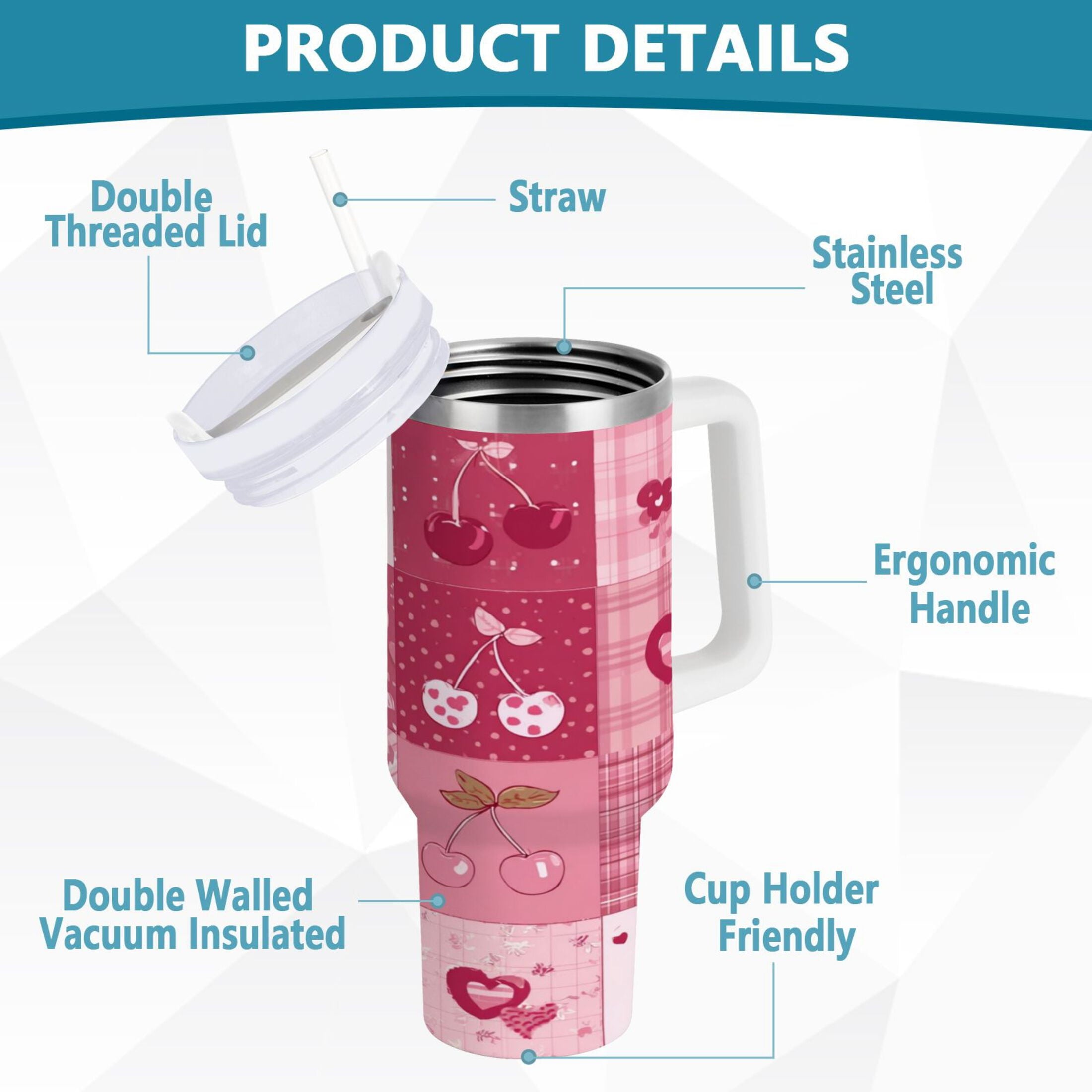 30 oz Insulated Stainless Steel Tumbler Double Wall Stainless Steel Tumbler with 2-Way Drinking Cherry Pattern with Bows [SC3Y]