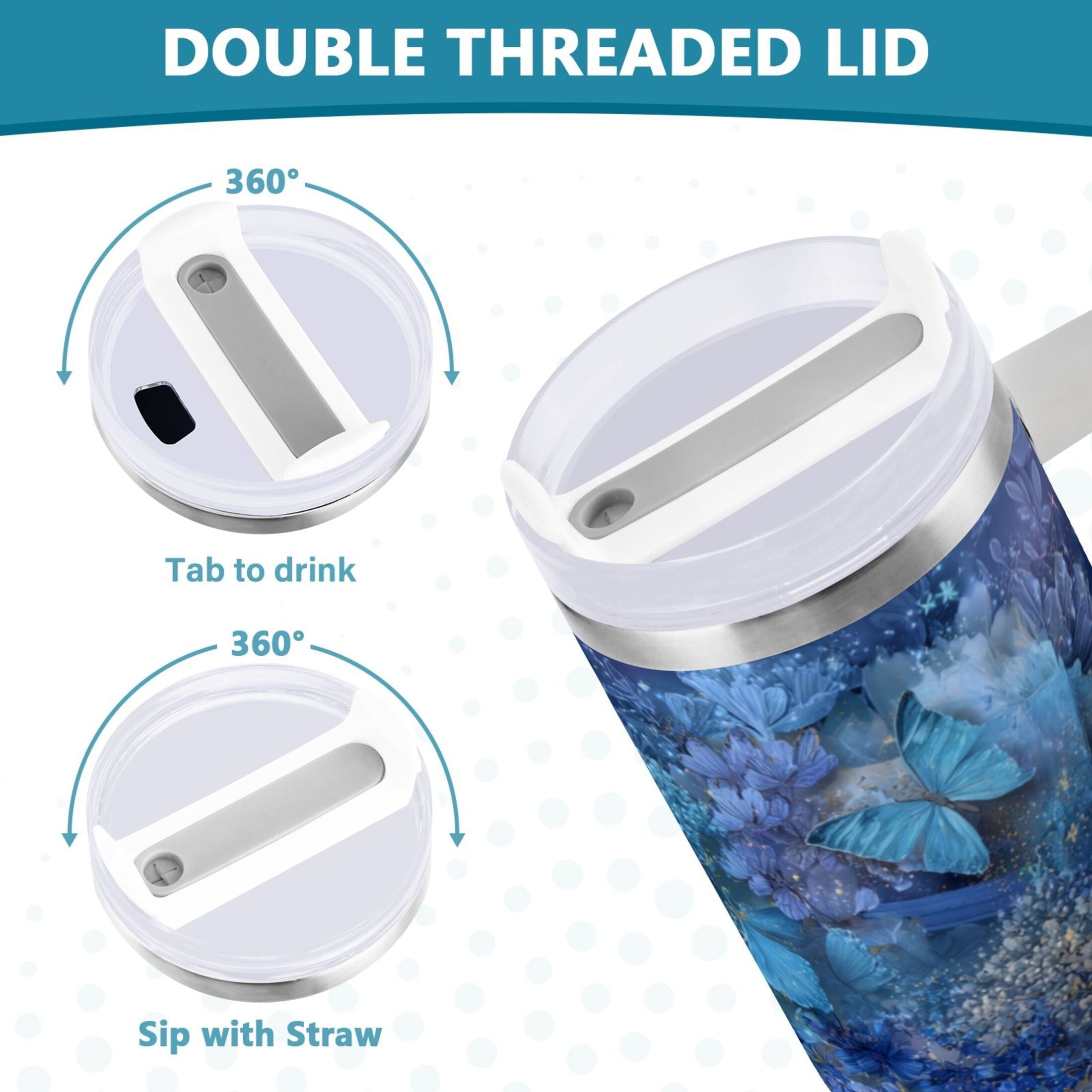 30 oz Insulated Stainless Steel Tumbler Double Wall Stainless Steel Tumbler with 2-Way Drinking Butterflies Books and Flowers [1750]