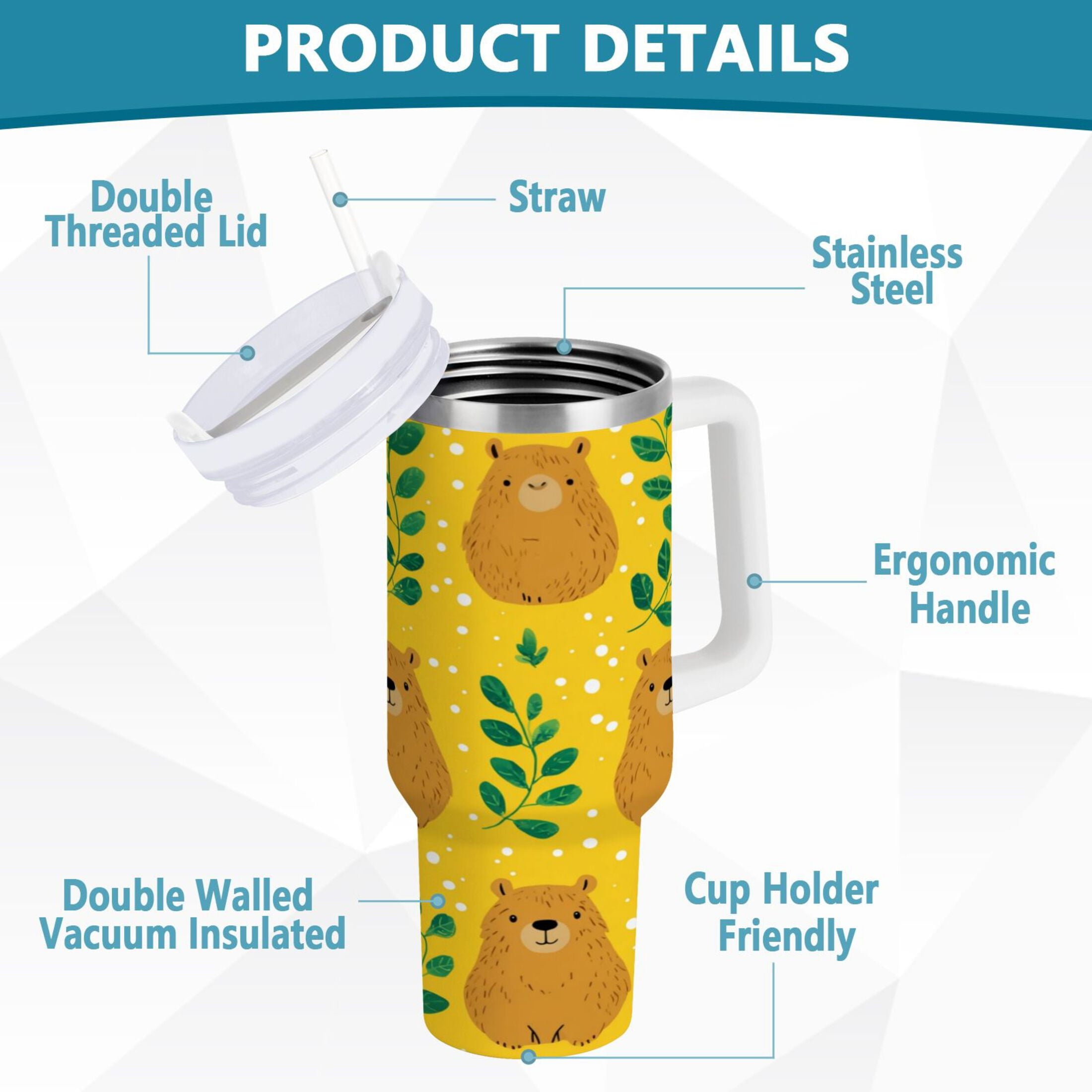 30 oz Insulated Stainless Steel Tumbler Double Wall Stainless Steel Tumbler with 2-Way Drinking Capybara and Green Leaves [IJCM]