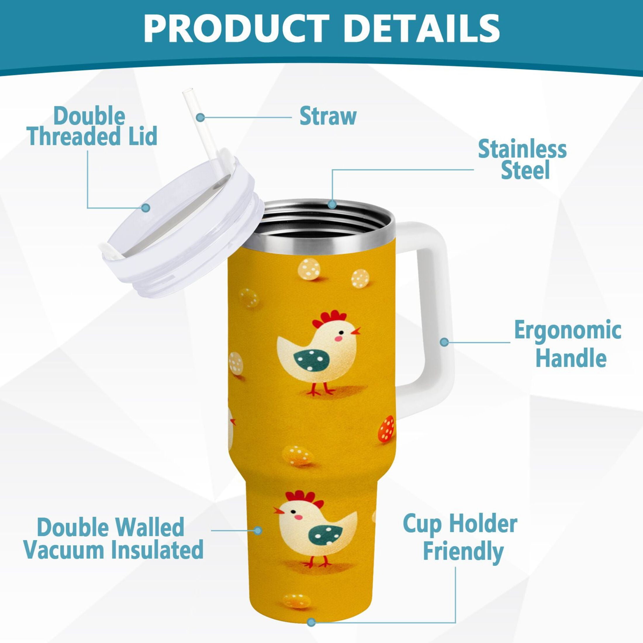 30 oz Insulated Stainless Steel Tumbler Double Wall Stainless Steel Tumbler with 2-Way Drinking Cartoon Chickens Pattern [36QW]