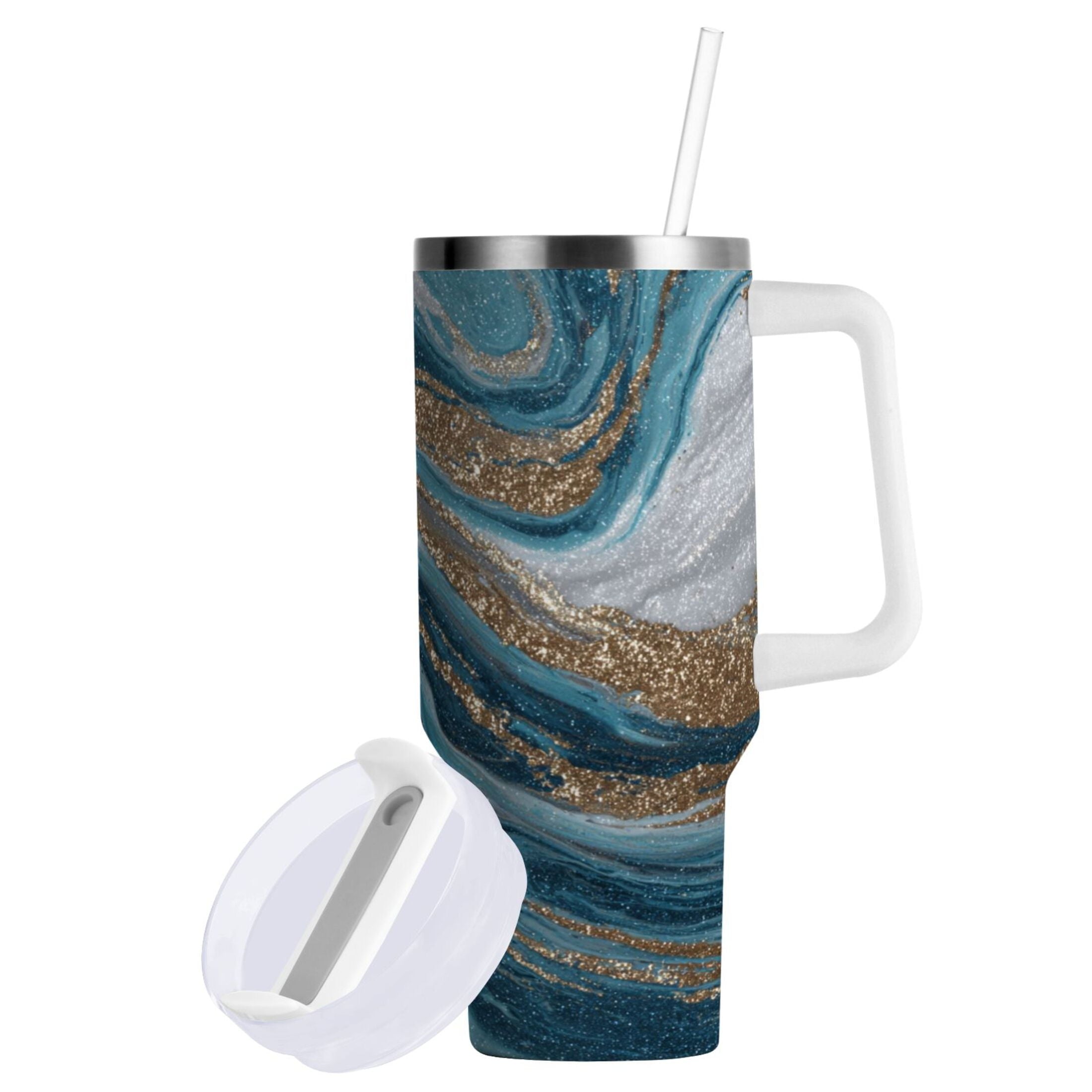 30 oz Insulated Stainless Steel Tumbler Double Wall Stainless Steel Tumbler with 2-Way Drinking Blue and Gold Swirling [YYUW]