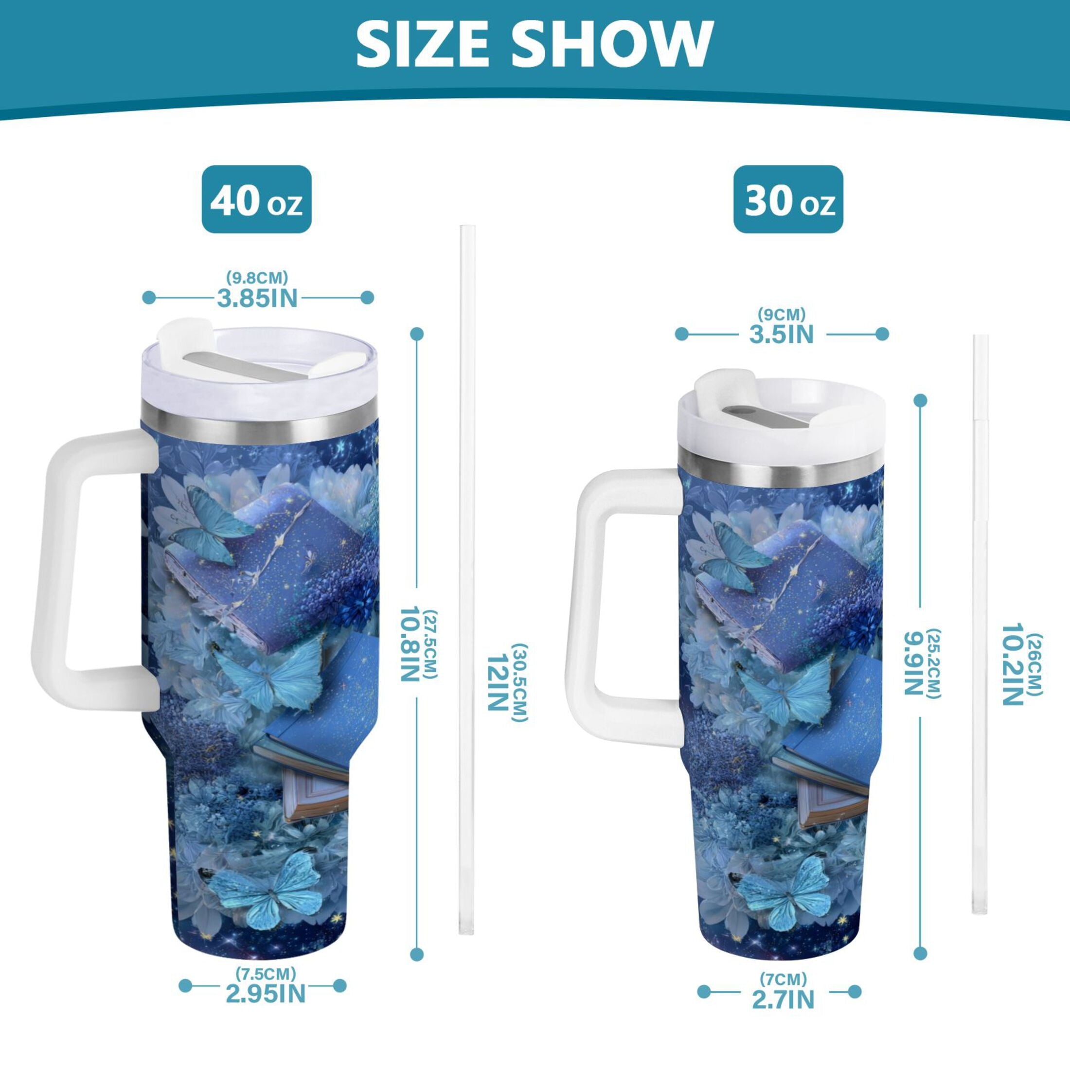 30 oz Insulated Stainless Steel Tumbler Double Wall Stainless Steel Tumbler with 2-Way Drinking Butterflies Books and Flowers [1750]