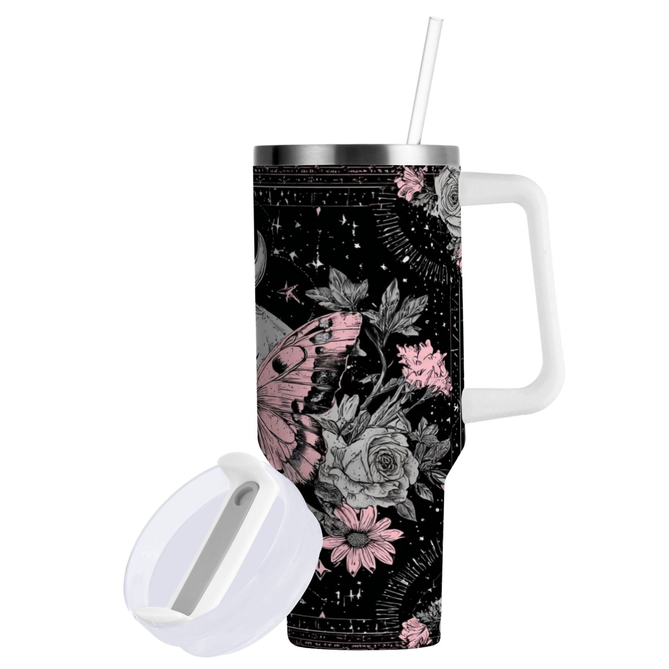 30 oz Insulated Stainless Steel Tumbler Double Wall Stainless Steel Tumbler with 2-Way Drinking Butterfly by Moon and Flowers [HFI0]