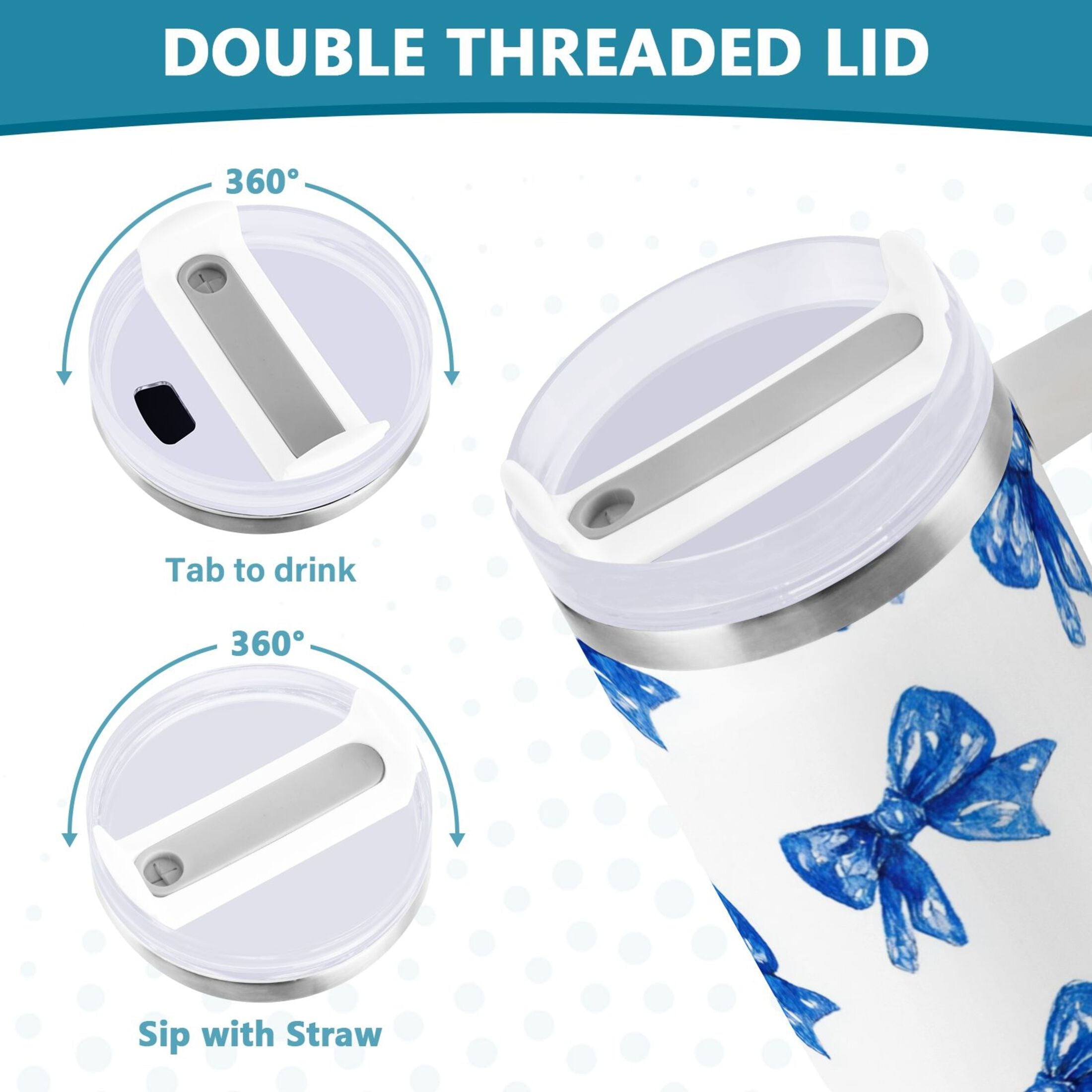 30 oz Insulated Stainless Steel Tumbler Double Wall Stainless Steel Tumbler with 2-Way Drinking Blue Bows Pattern [PR2Y]