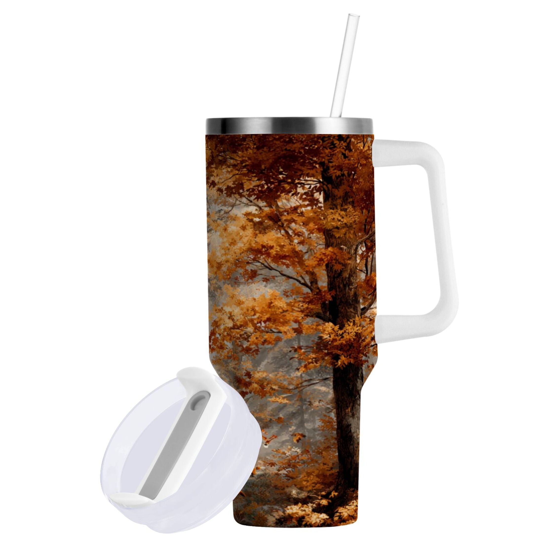 30 oz Insulated Stainless Steel Tumbler Double Wall Stainless Steel Tumbler with 2-Way Drinking Beautiful Autumn Forest [90MB]