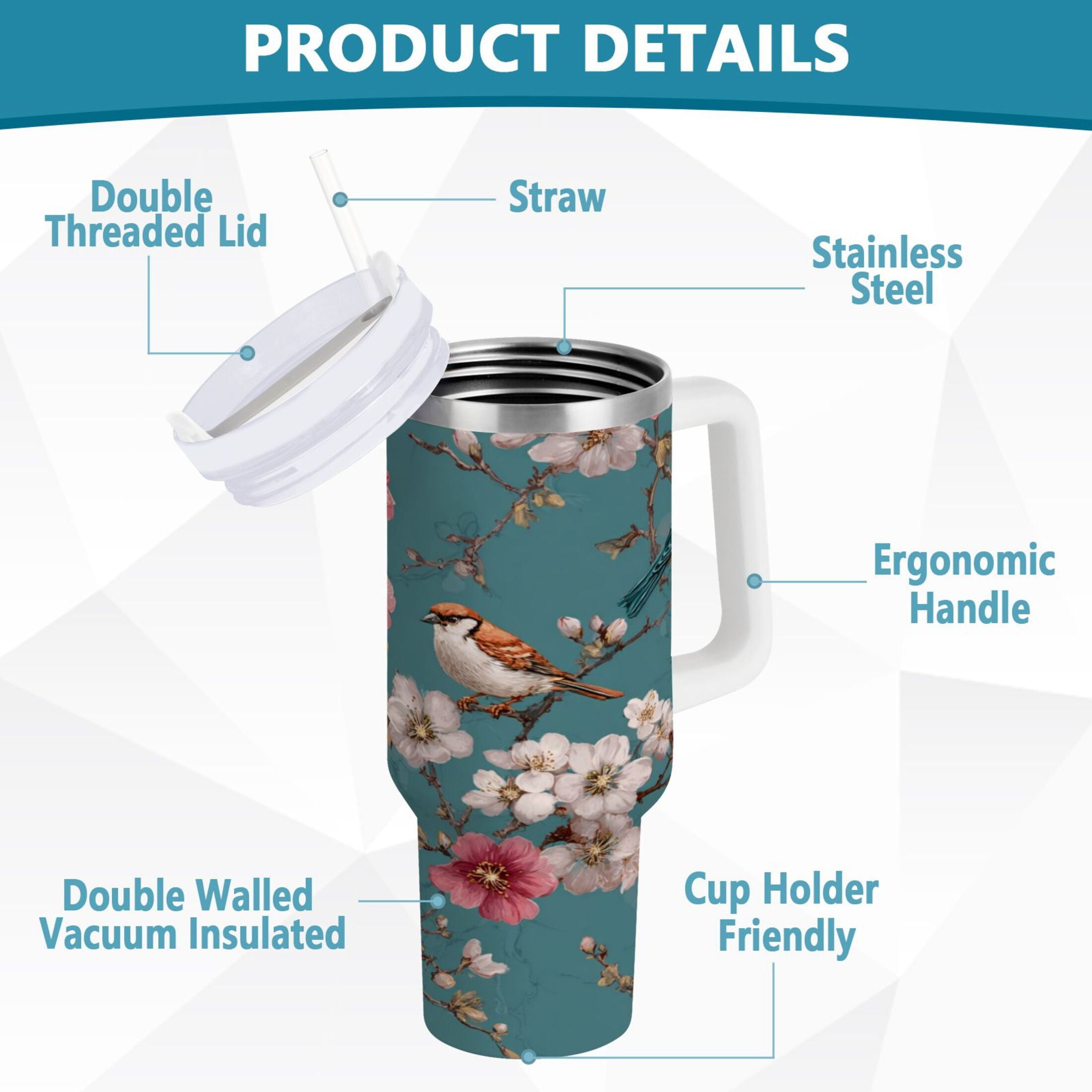 30 oz Insulated Stainless Steel Tumbler Double Wall Stainless Steel Tumbler with 2-Way Drinking Birds and Cherry Pattern [M5HK]