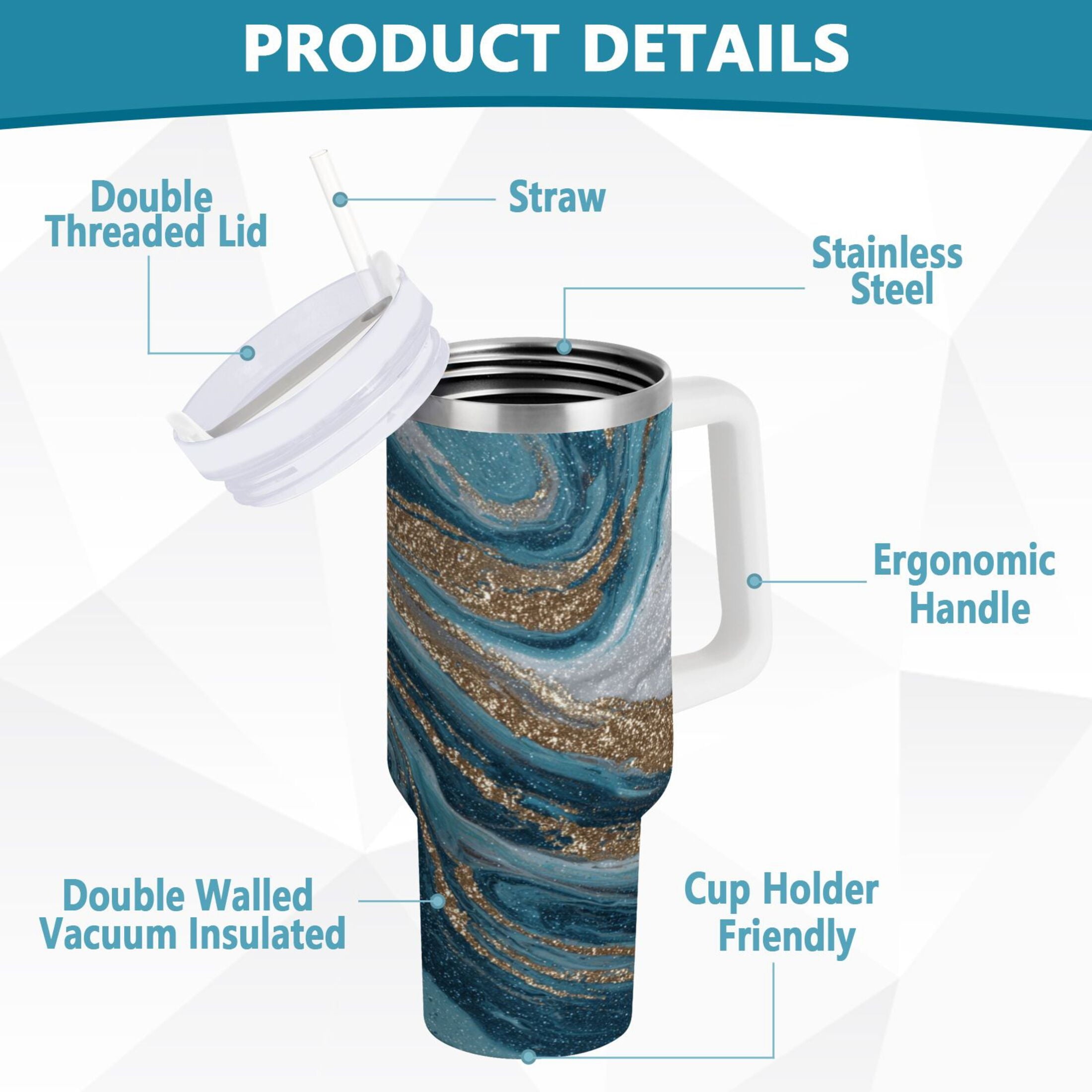 30 oz Insulated Stainless Steel Tumbler Double Wall Stainless Steel Tumbler with 2-Way Drinking Blue and Gold Swirling [YYUW]