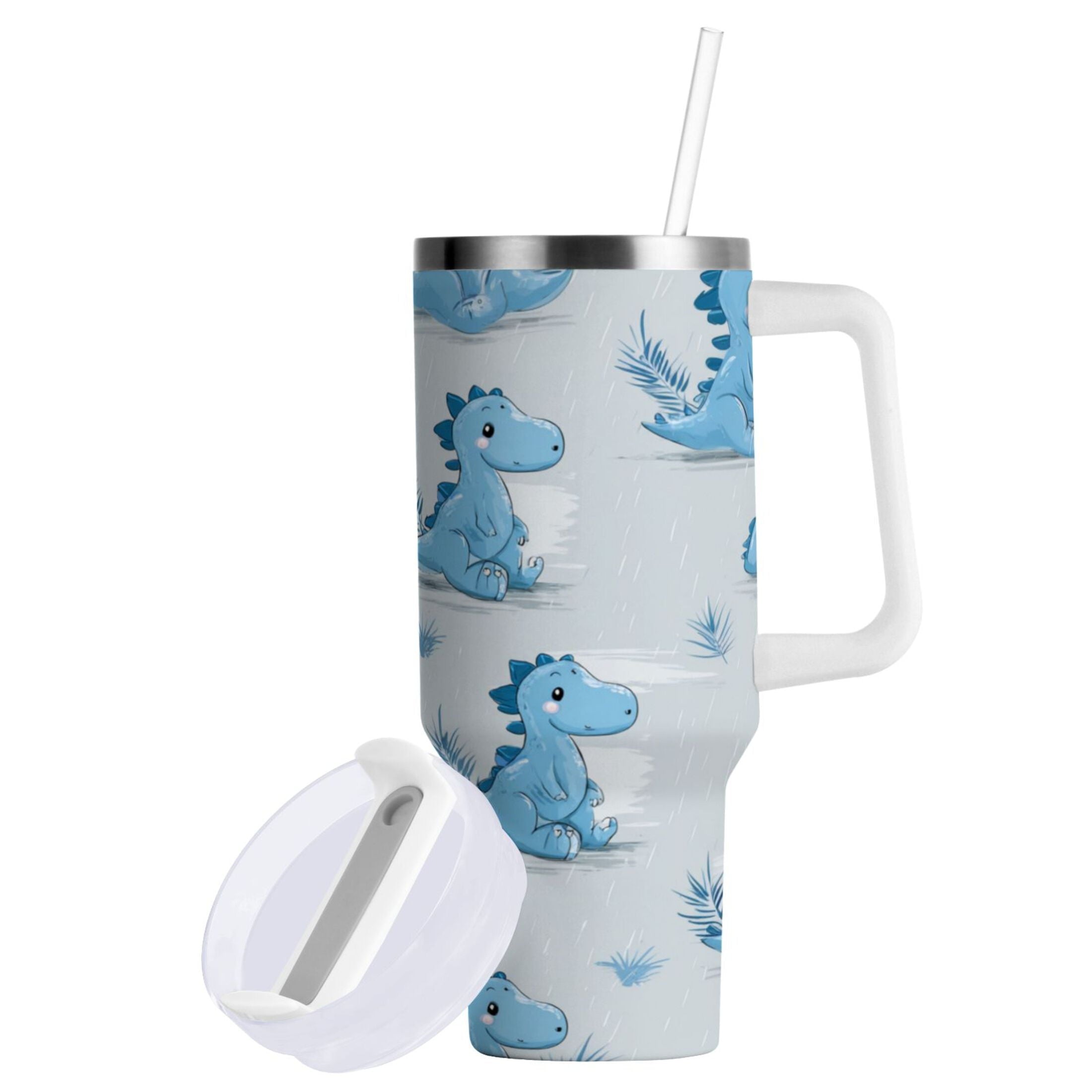 30 oz Insulated Stainless Steel Tumbler Double Wall Stainless Steel Tumbler with 2-Way Drinking Cartoon Blue Dinosaurs [2T1W]