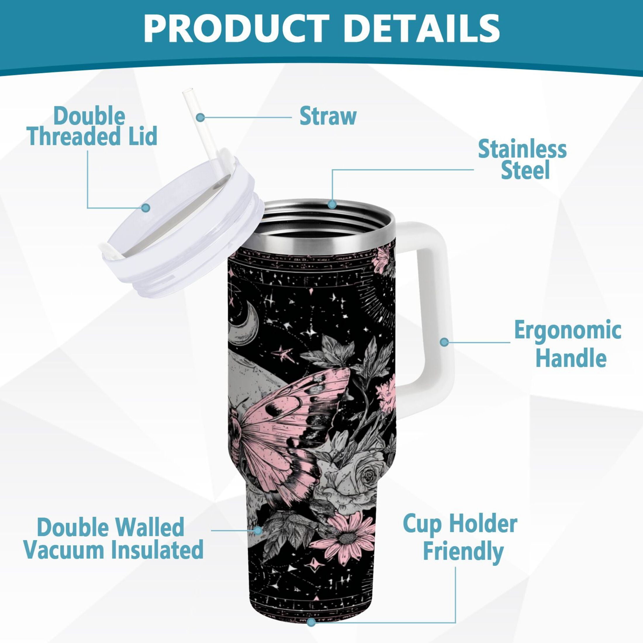 30 oz Insulated Stainless Steel Tumbler Double Wall Stainless Steel Tumbler with 2-Way Drinking Butterfly by Moon and Flowers [HFI0]