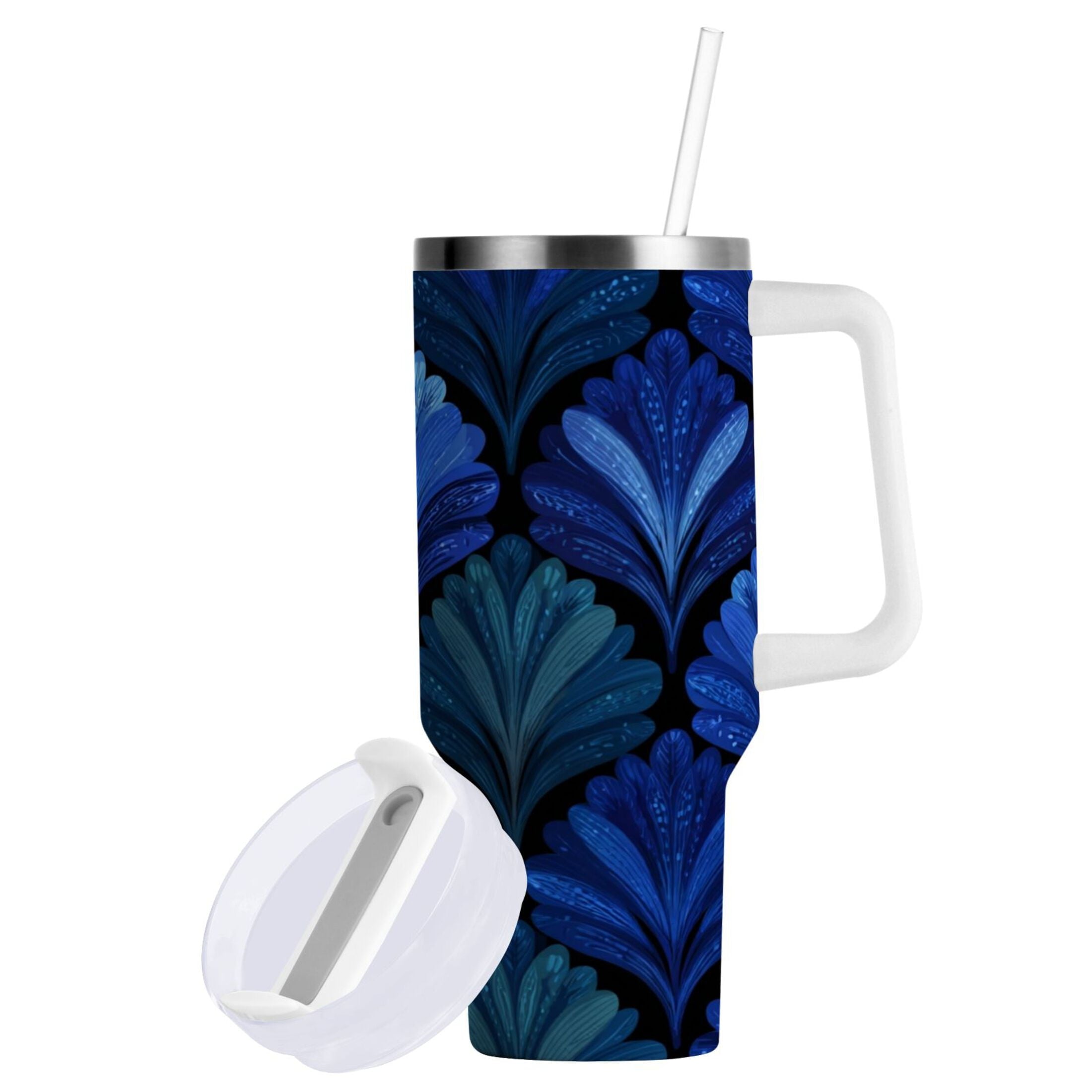 30 oz Insulated Stainless Steel Tumbler Double Wall Stainless Steel Tumbler with 2-Way Drinking Blue Batik Leaves Pattern [SEV6]