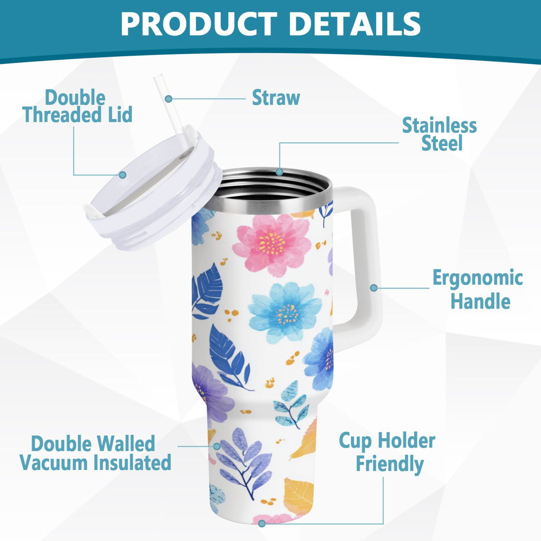 30 oz Insulated Stainless Steel Tumbler Double Wall Stainless Steel Tumbler with 2-Way Drinking Blue and Purple Flowers [XC98]