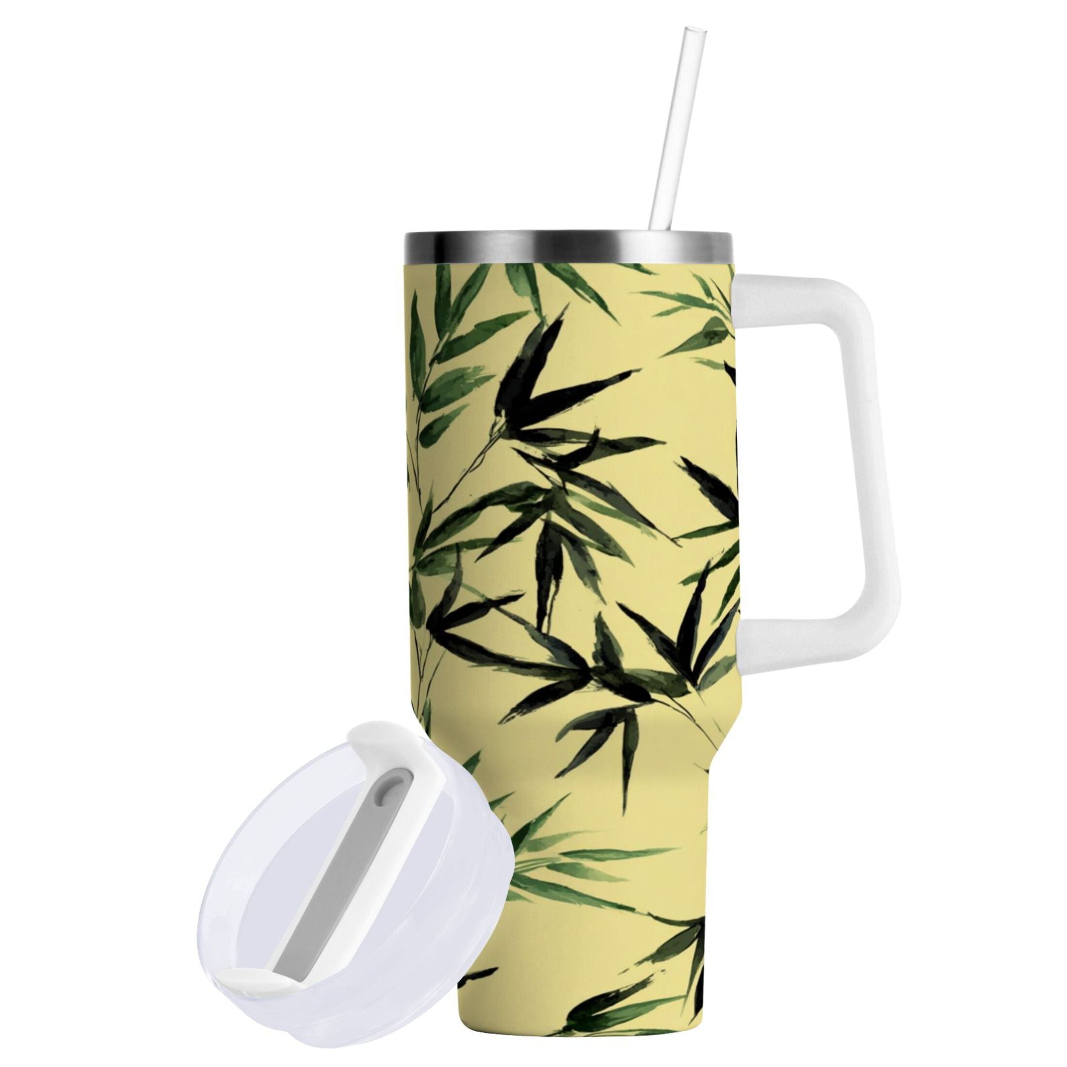30 oz Insulated Stainless Steel Tumbler Double Wall Stainless Steel Tumbler with 2-Way Drinking Bamboo and Green Leaves [8LM6]