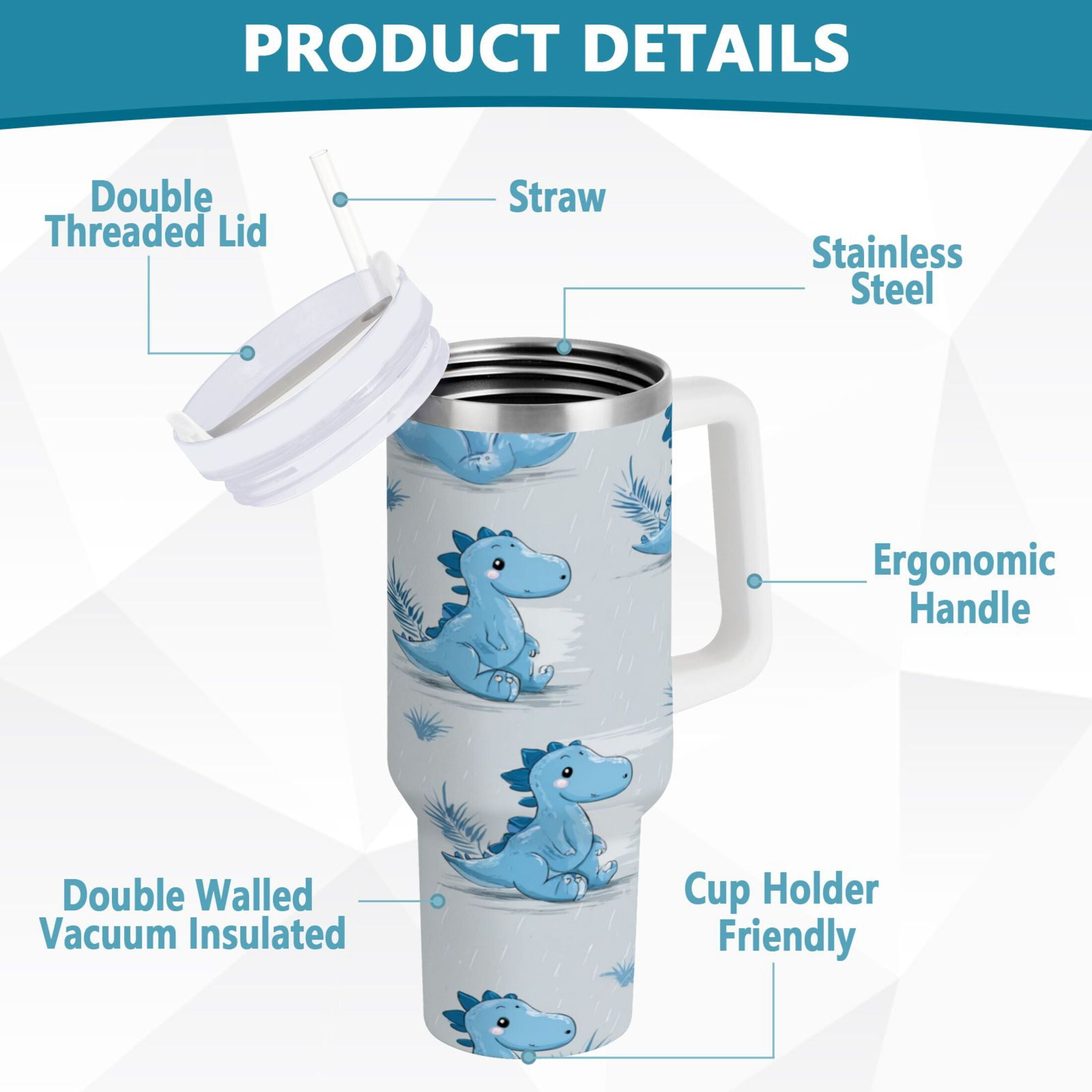 30 oz Insulated Stainless Steel Tumbler Double Wall Stainless Steel Tumbler with 2-Way Drinking Cartoon Blue Dinosaurs [2T1W]