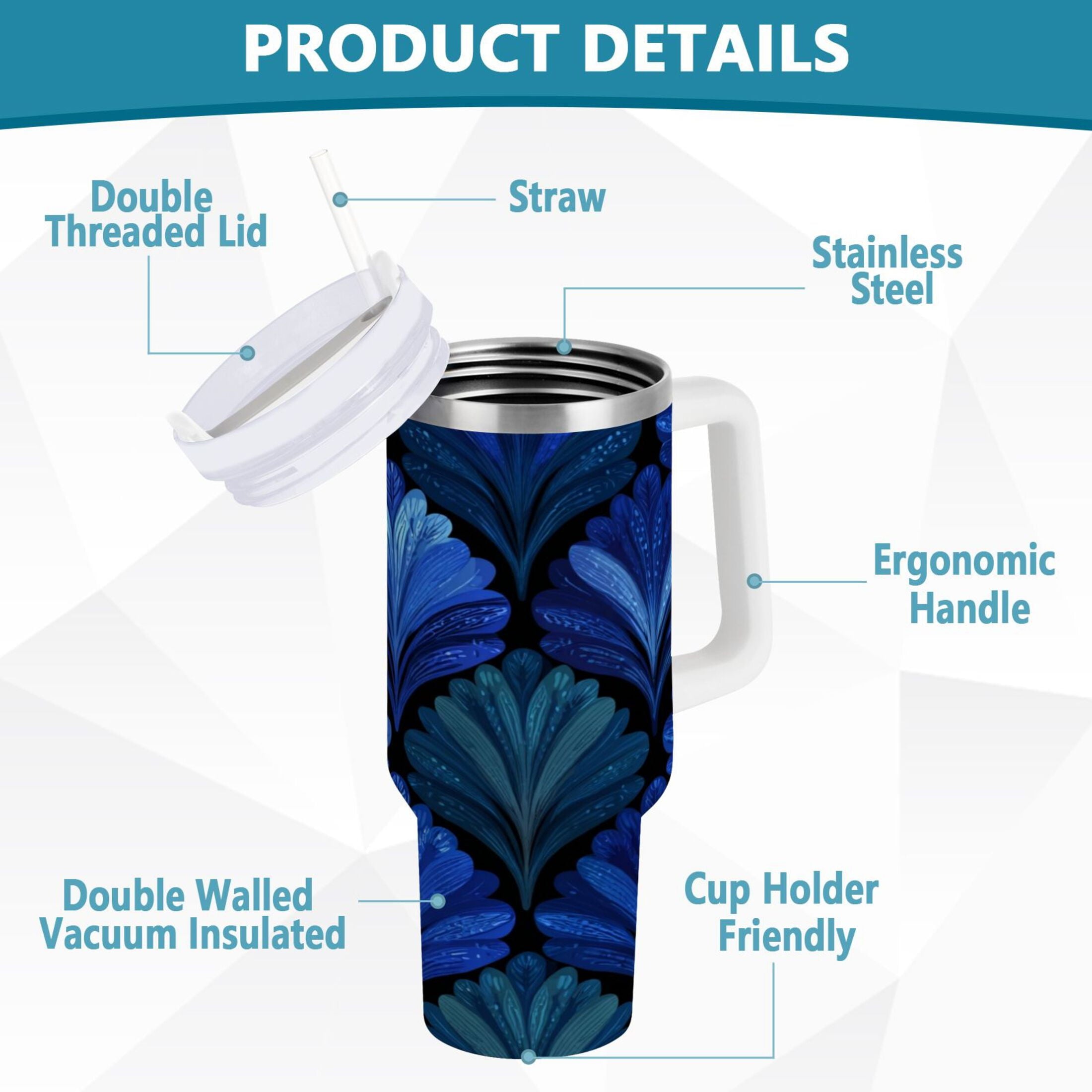 30 oz Insulated Stainless Steel Tumbler Double Wall Stainless Steel Tumbler with 2-Way Drinking Blue Batik Leaves Pattern [SEV6]