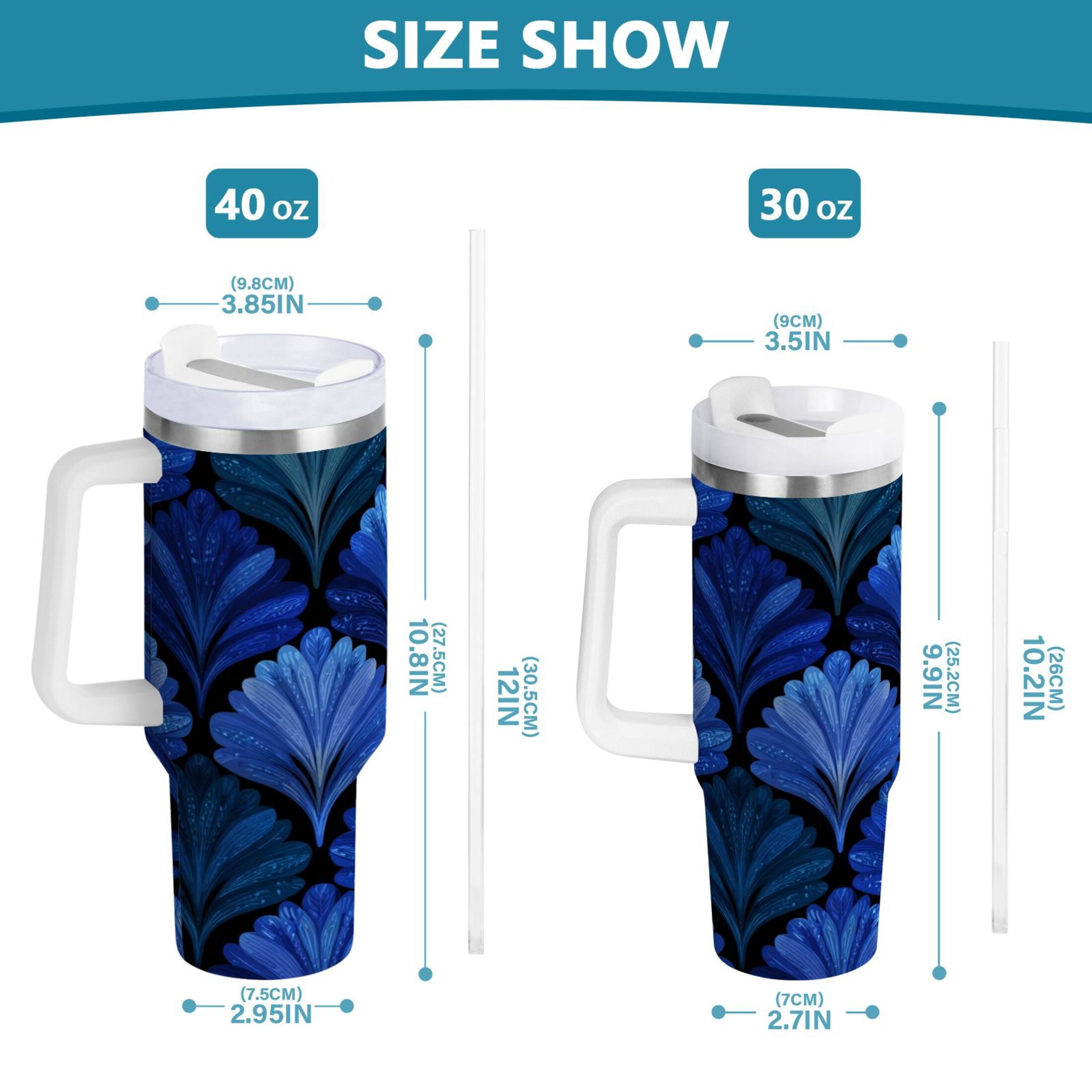 30 oz Insulated Stainless Steel Tumbler Double Wall Stainless Steel Tumbler with 2-Way Drinking Blue Batik Leaves Pattern [SEV6]