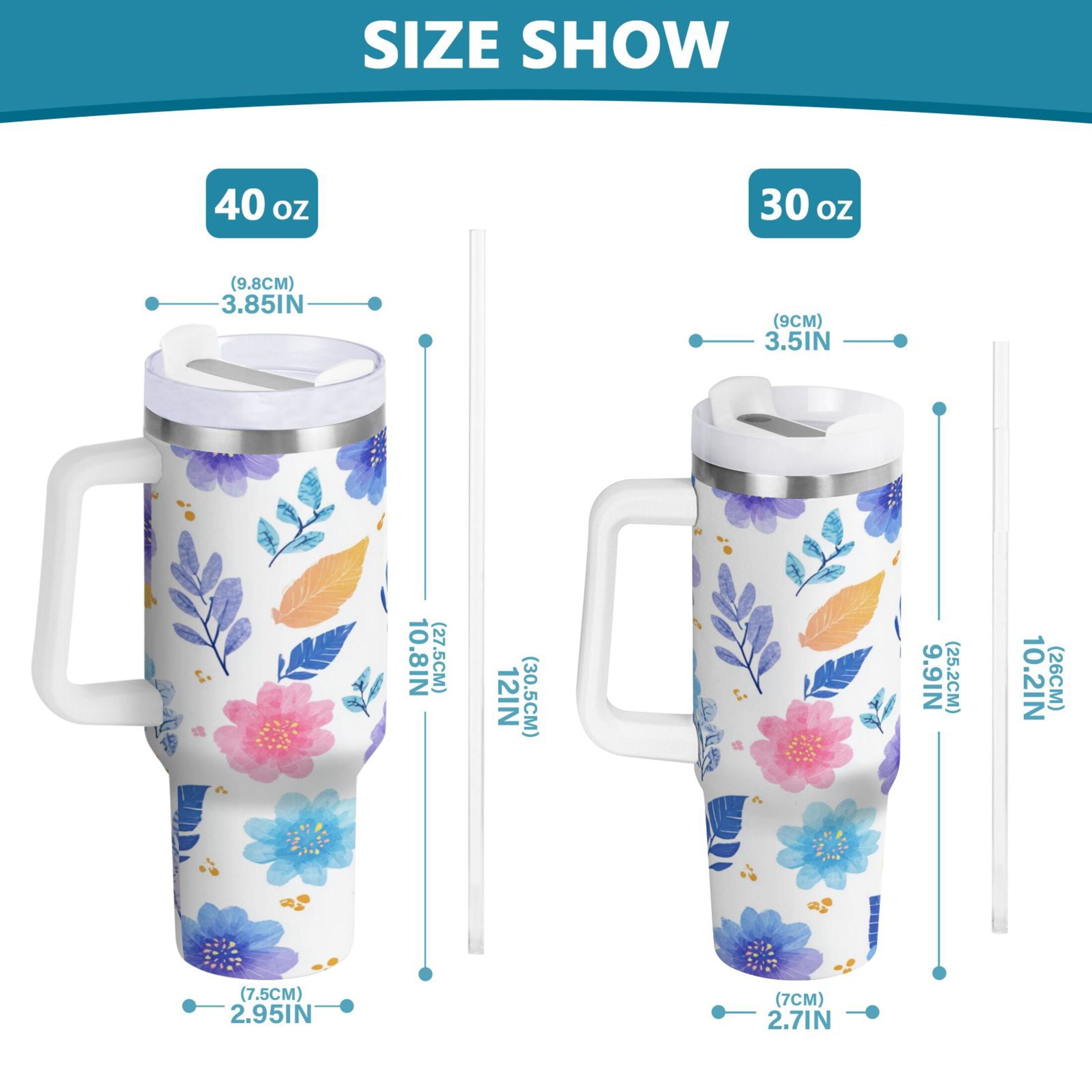 30 oz Insulated Stainless Steel Tumbler Double Wall Stainless Steel Tumbler with 2-Way Drinking Blue and Purple Flowers [XC98]