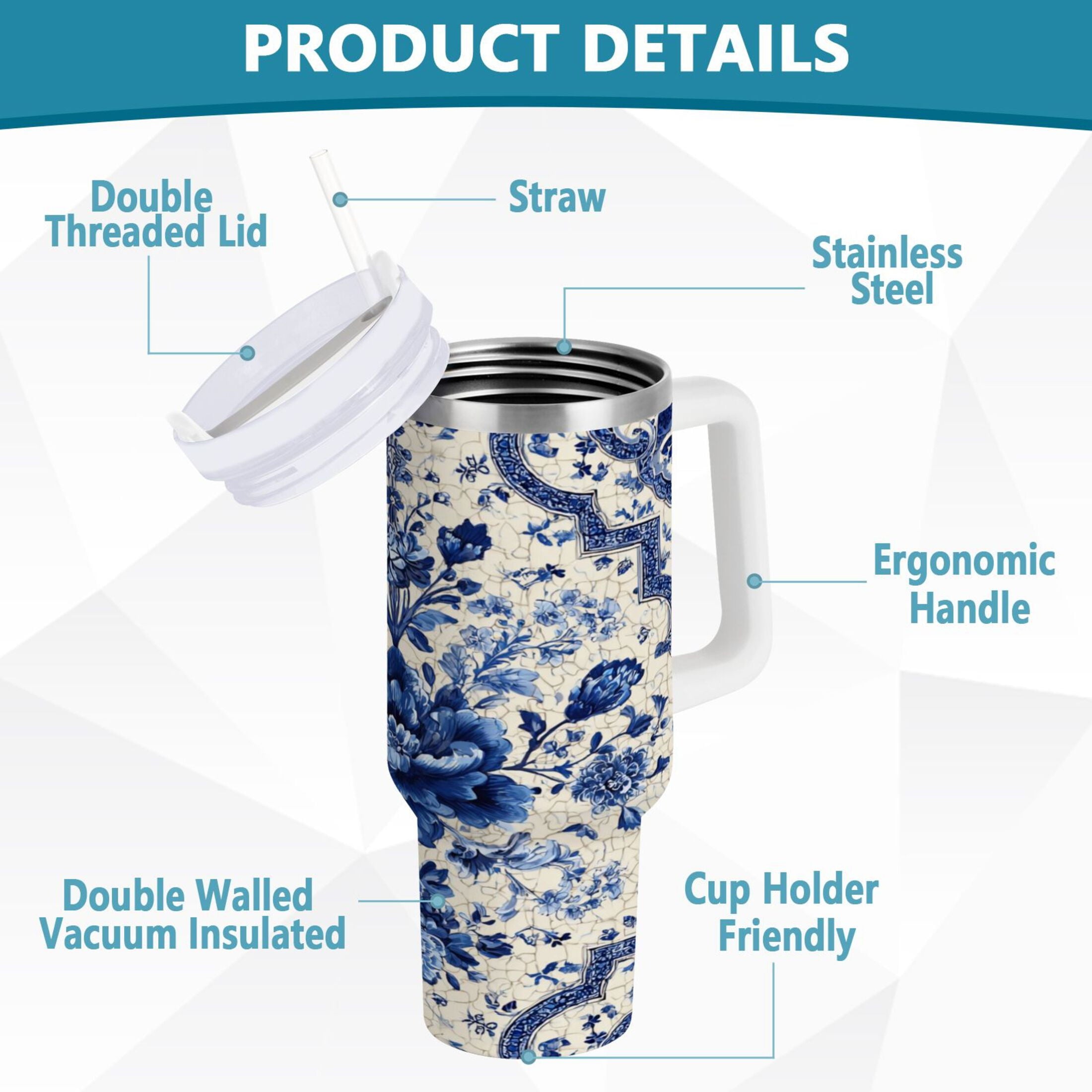 30 oz Insulated Stainless Steel Tumbler Double Wall Stainless Steel Tumbler with 2-Way Drinking Blue and White Porcelain-style [ZABH]