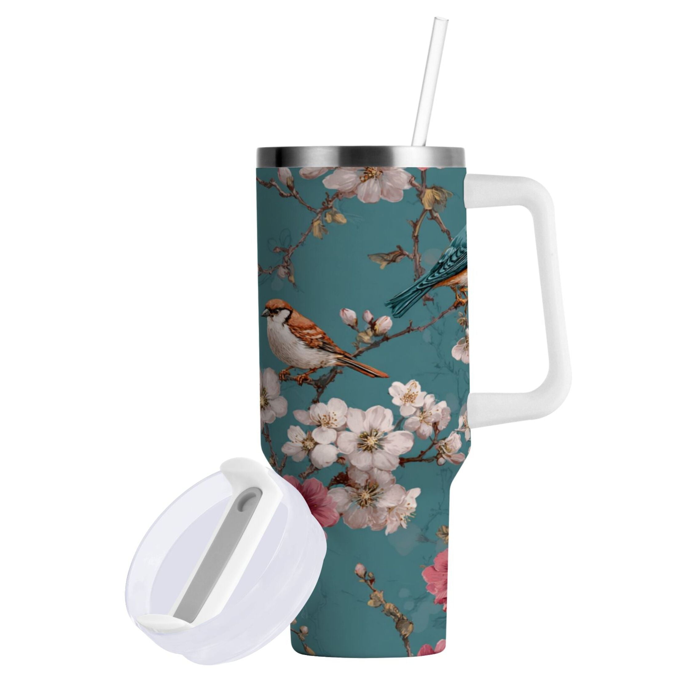 30 oz Insulated Stainless Steel Tumbler Double Wall Stainless Steel Tumbler with 2-Way Drinking Birds and Cherry Pattern [M5HK]