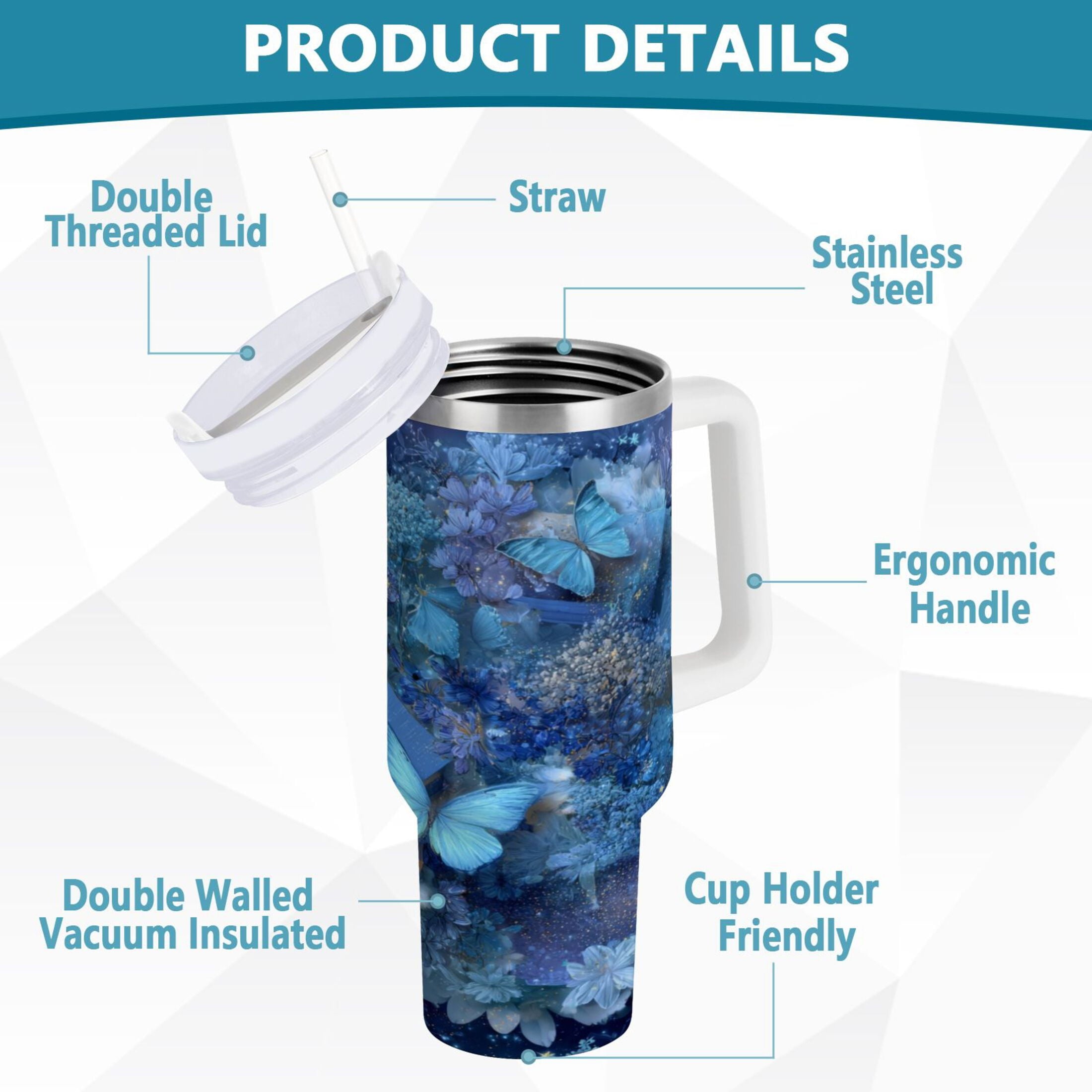 30 oz Insulated Stainless Steel Tumbler Double Wall Stainless Steel Tumbler with 2-Way Drinking Butterflies Books and Flowers [1750]