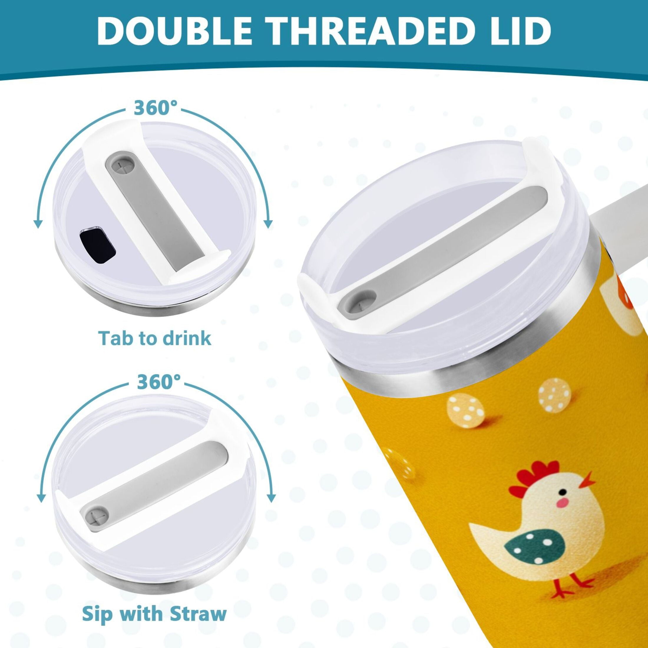 30 oz Insulated Stainless Steel Tumbler Double Wall Stainless Steel Tumbler with 2-Way Drinking Cartoon Chickens Pattern [36QW]