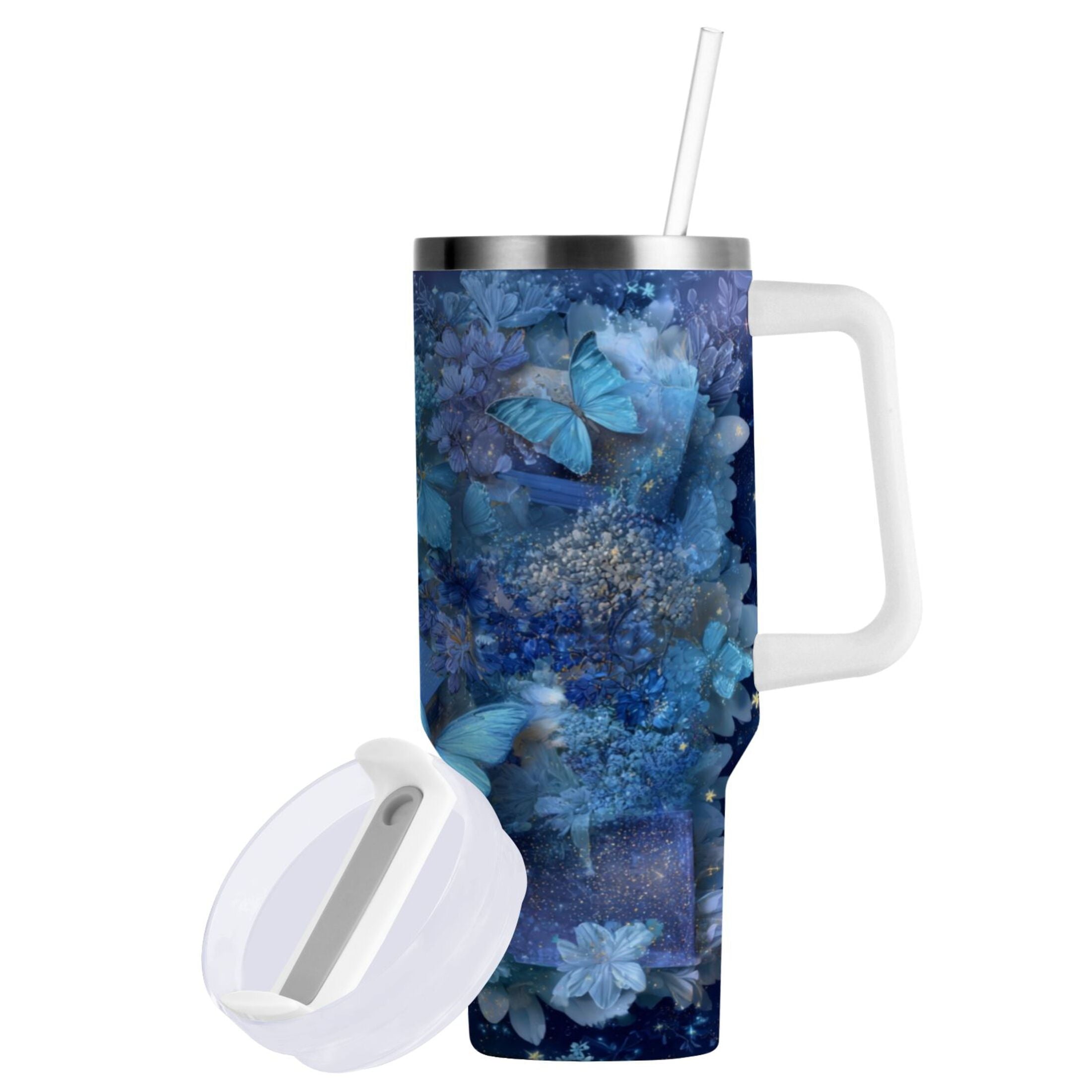 30 oz Insulated Stainless Steel Tumbler Double Wall Stainless Steel Tumbler with 2-Way Drinking Butterflies Books and Flowers [1750]