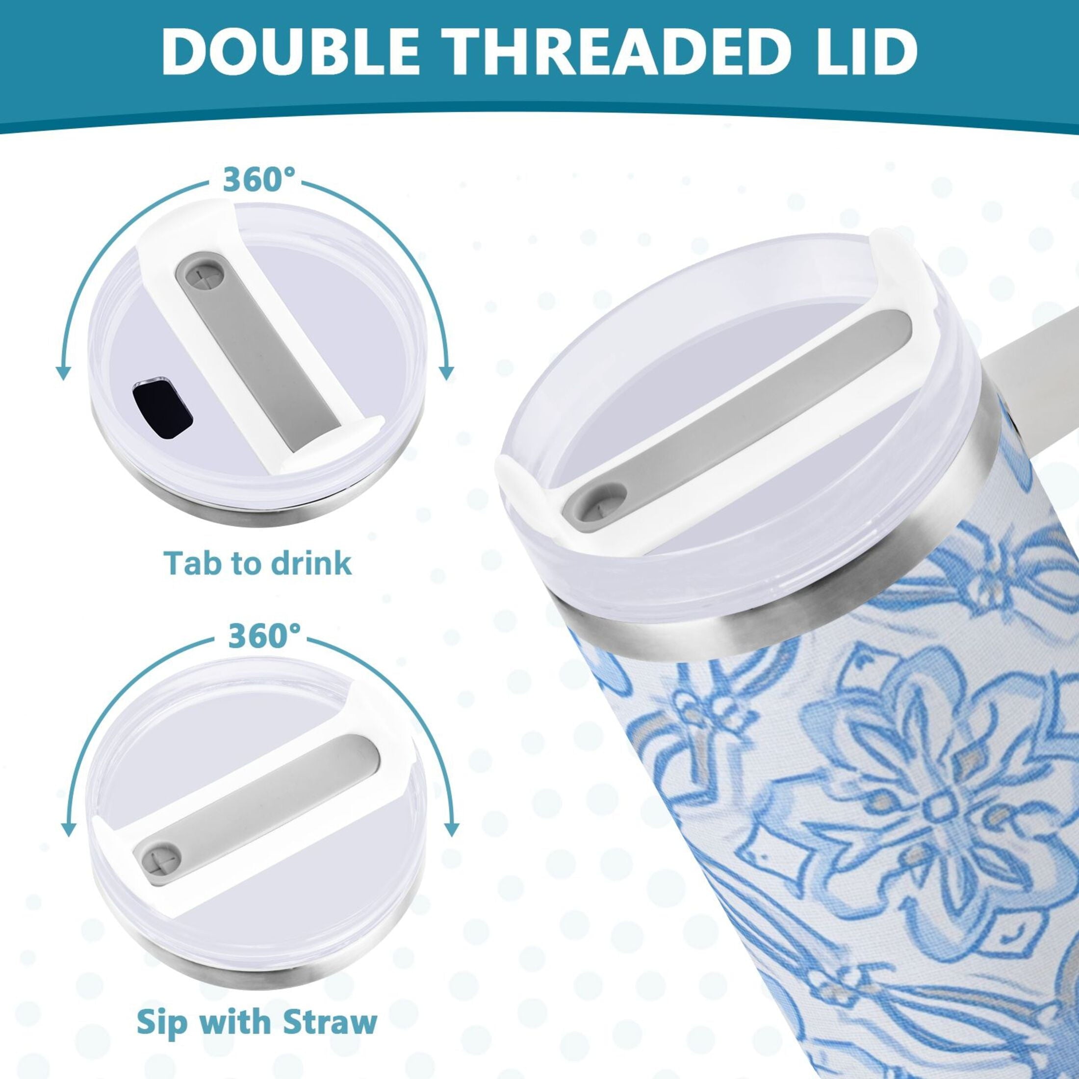 30 oz Insulated Stainless Steel Tumbler Double Wall Stainless Steel Tumbler with 2-Way Drinking Blue Elegant Geometric Design [55KY]
