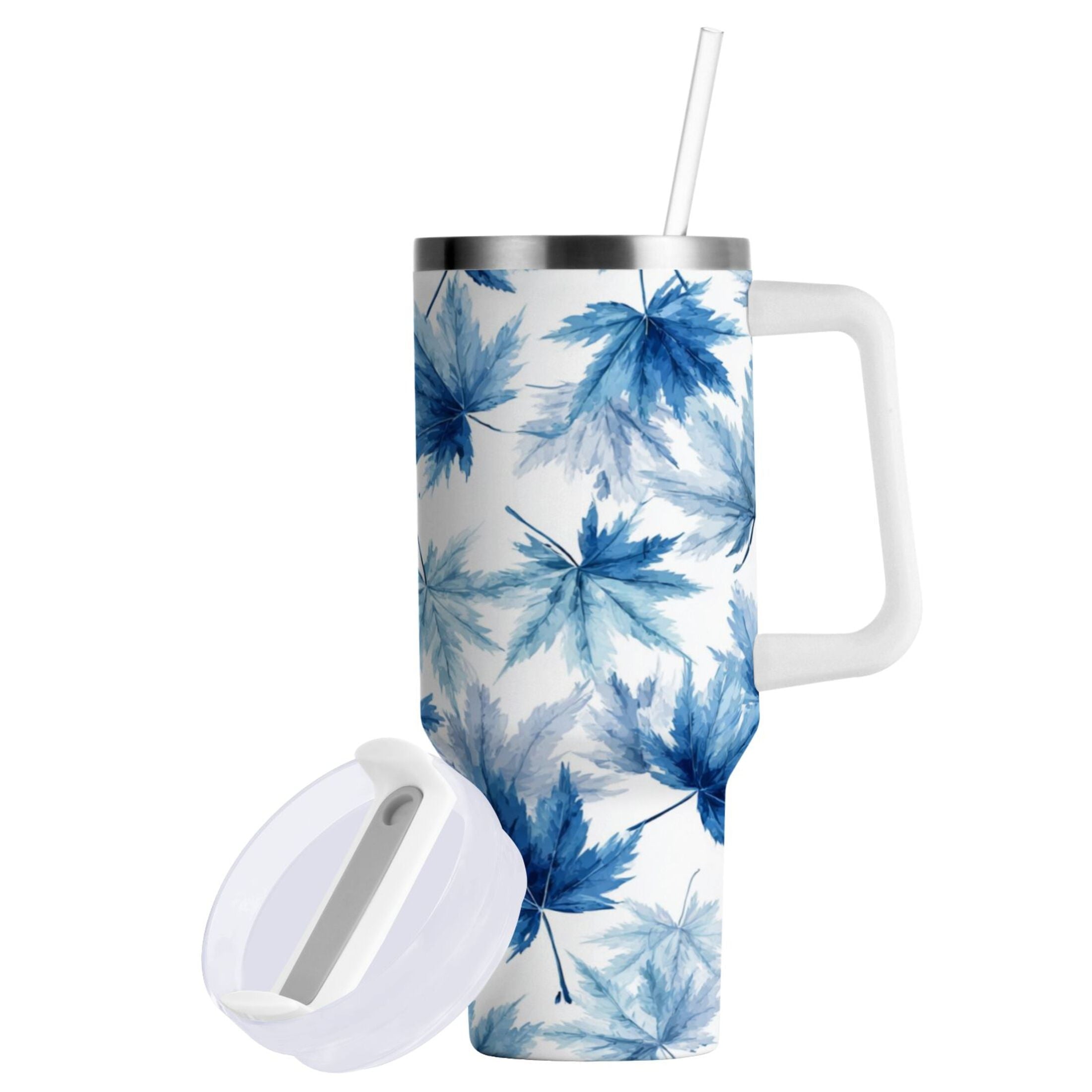 30 oz Insulated Stainless Steel Tumbler Double Wall Stainless Steel Tumbler with 2-Way Drinking Abstract Blue Maple Leaves [42LX]