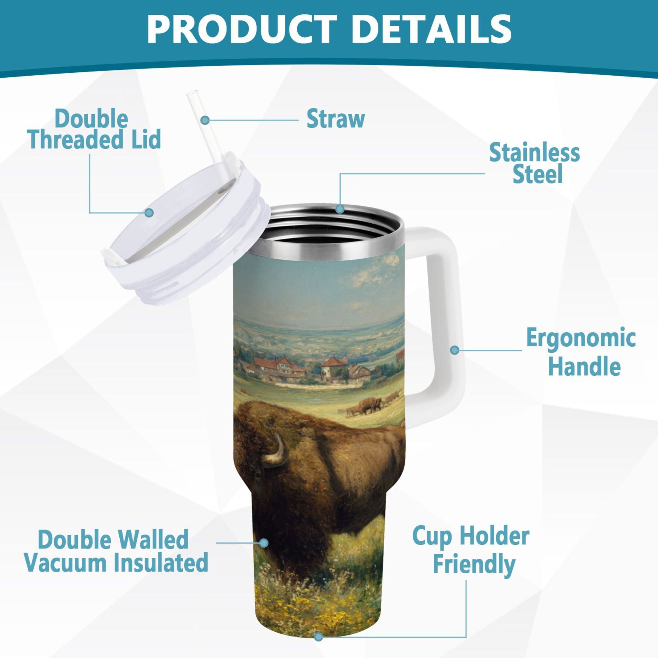 30 oz Insulated Stainless Steel Tumbler Double Wall Stainless Steel Tumbler with 2-Way Drinking Buffalo Herd Oil Painting [MF1S]