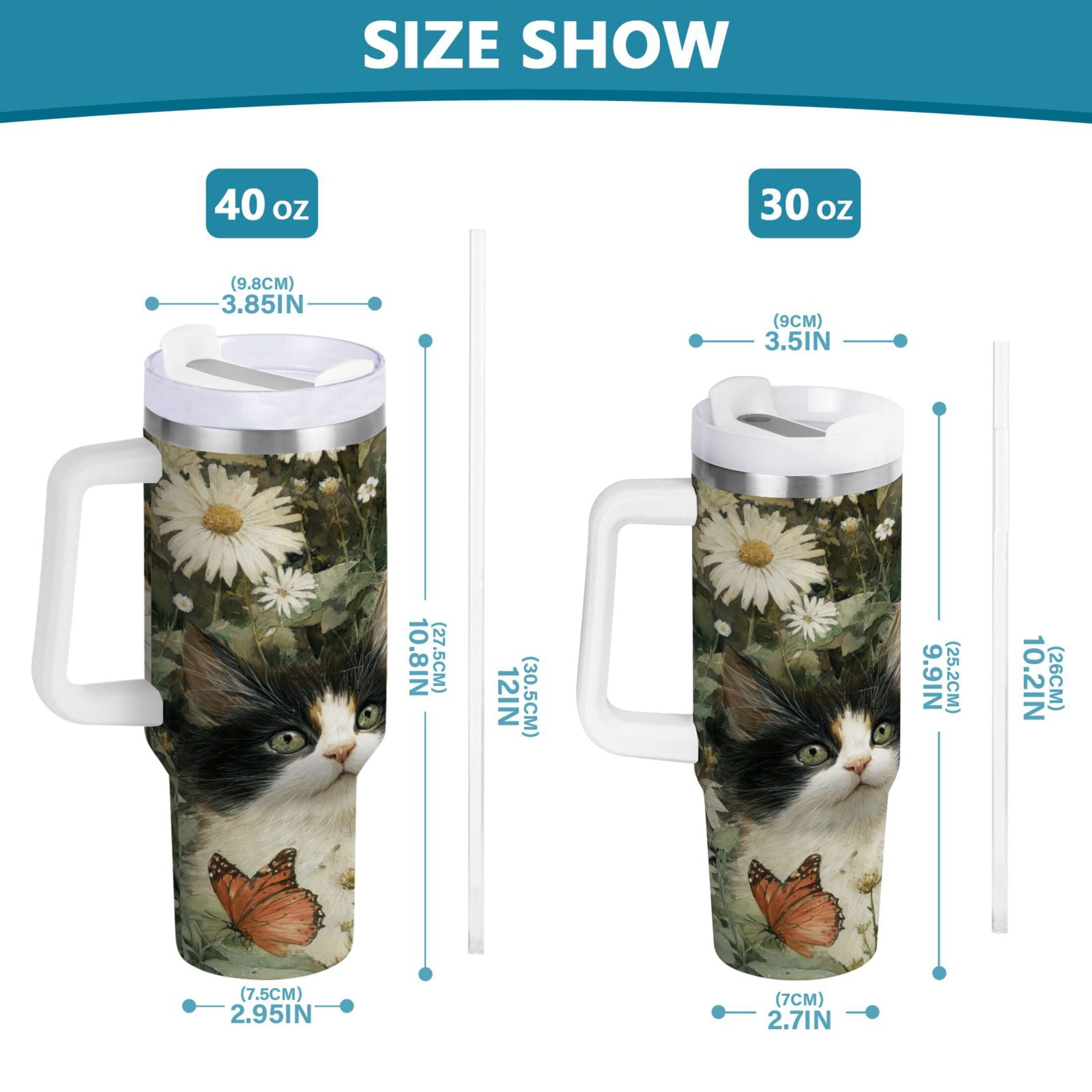 30 oz Insulated Stainless Steel Tumbler Double Wall Stainless Steel Tumbler with 2-Way Drinking Adorable Cats and Daisies [W0R8]