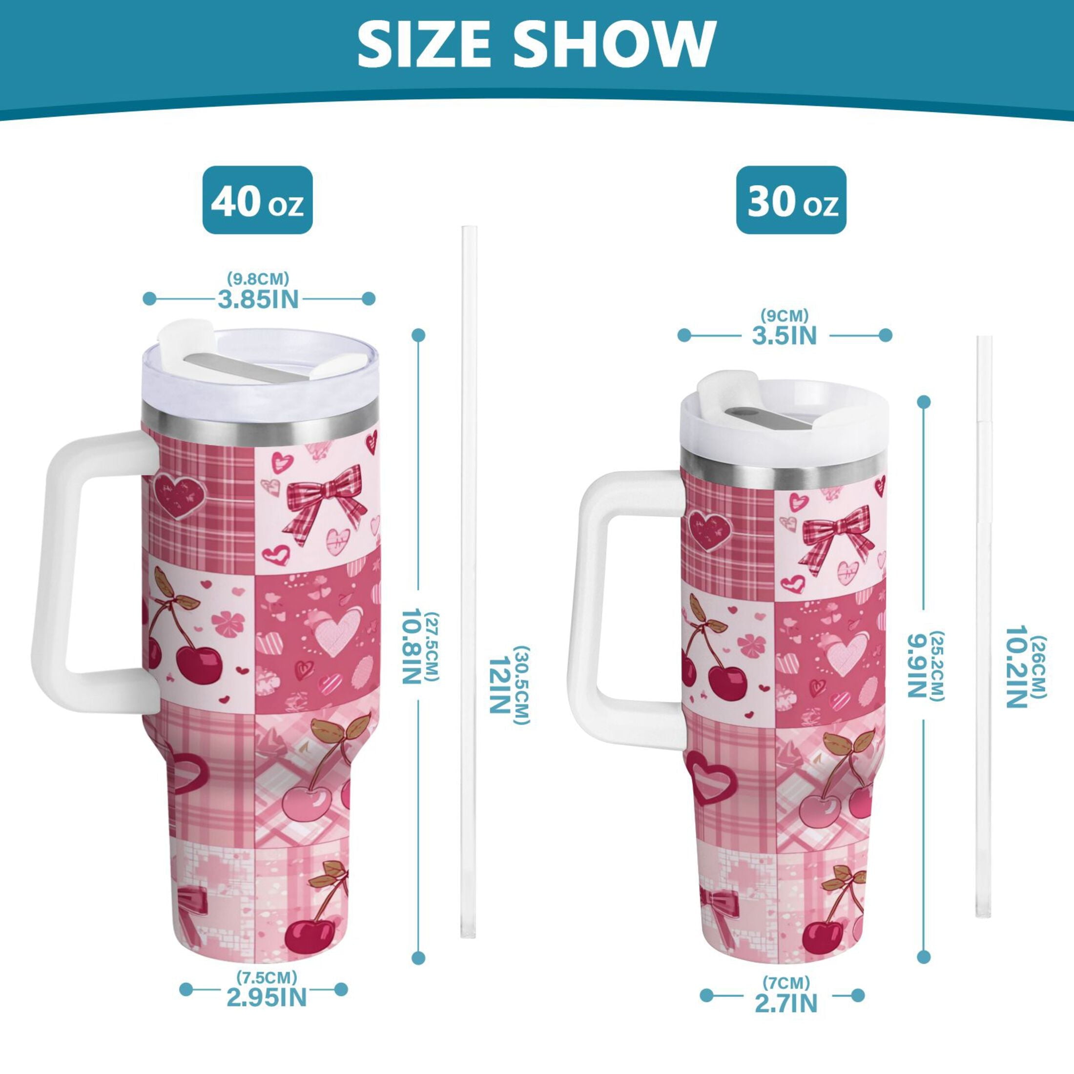30 oz Insulated Stainless Steel Tumbler Double Wall Stainless Steel Tumbler with 2-Way Drinking Cherry Pattern with Bows [SC3Y]
