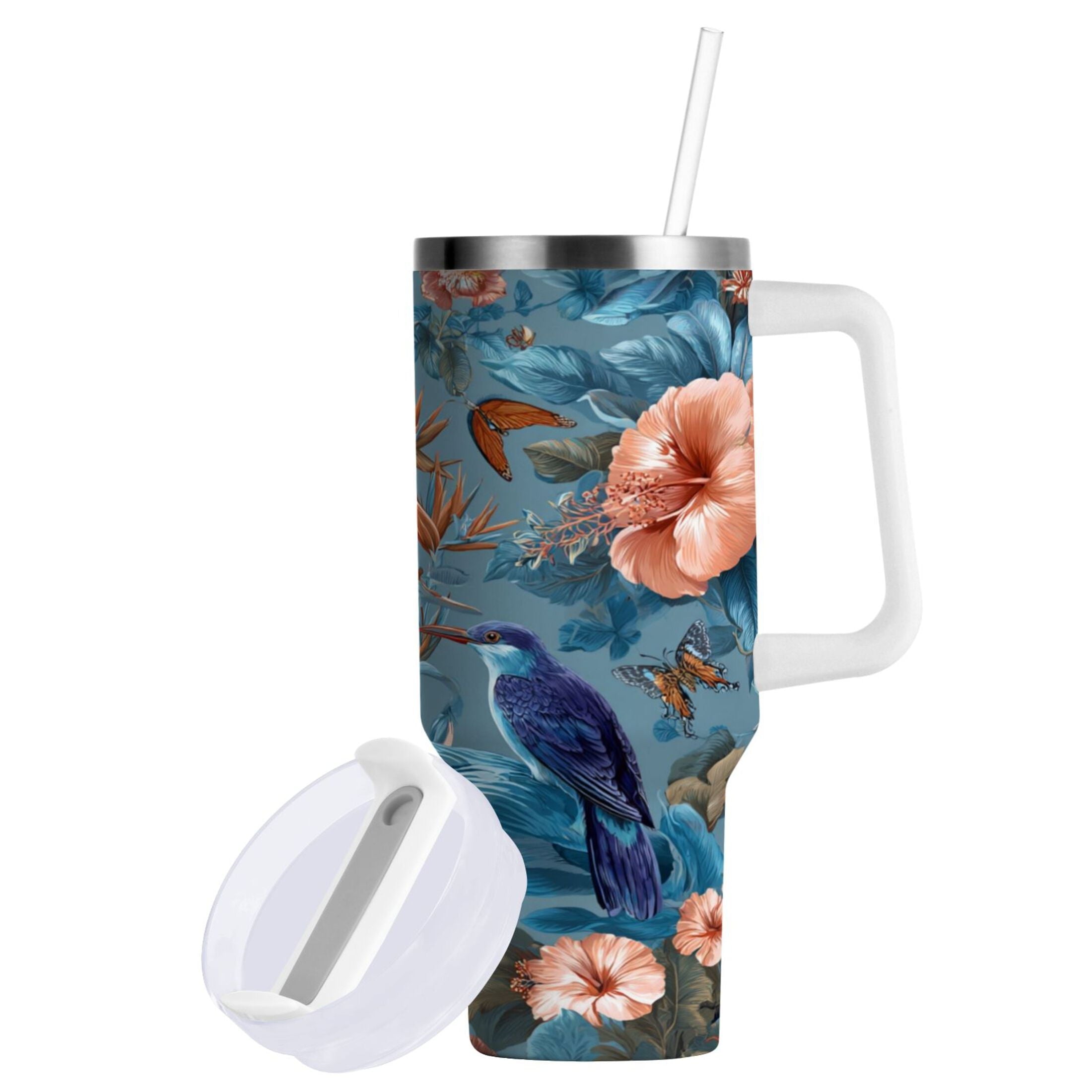 30 oz Insulated Stainless Steel Tumbler Double Wall Stainless Steel Tumbler with 2-Way Drinking Birds and Flowers [JKCJ]