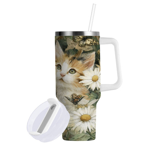 30 oz Insulated Stainless Steel Tumbler Double Wall Stainless Steel Tumbler with 2-Way Drinking Adorable Cats and Daisies [W0R8]