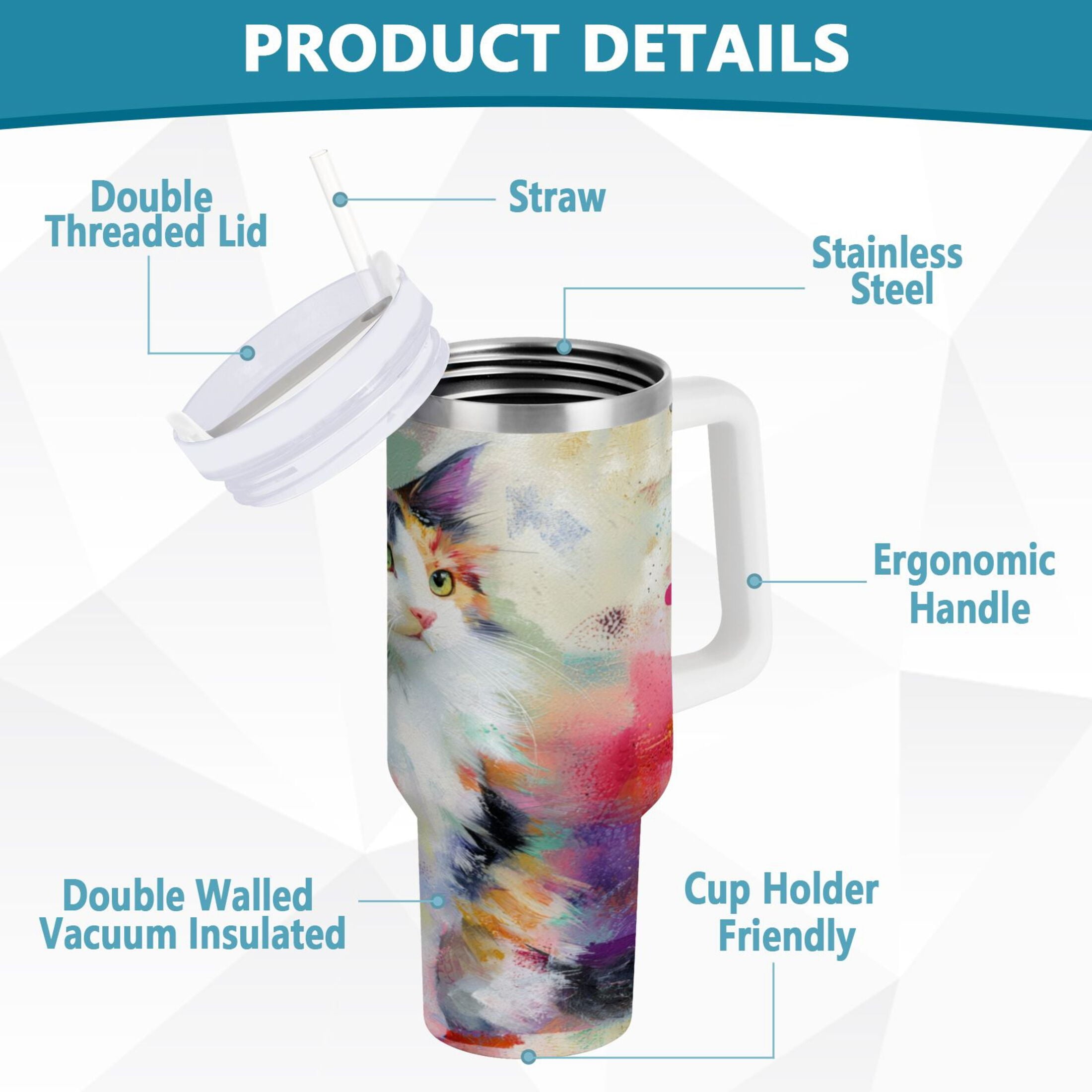 30 oz Insulated Stainless Steel Tumbler Double Wall Stainless Steel Tumbler with 2-Way Drinking Charming Hairy Cat [NGHI]