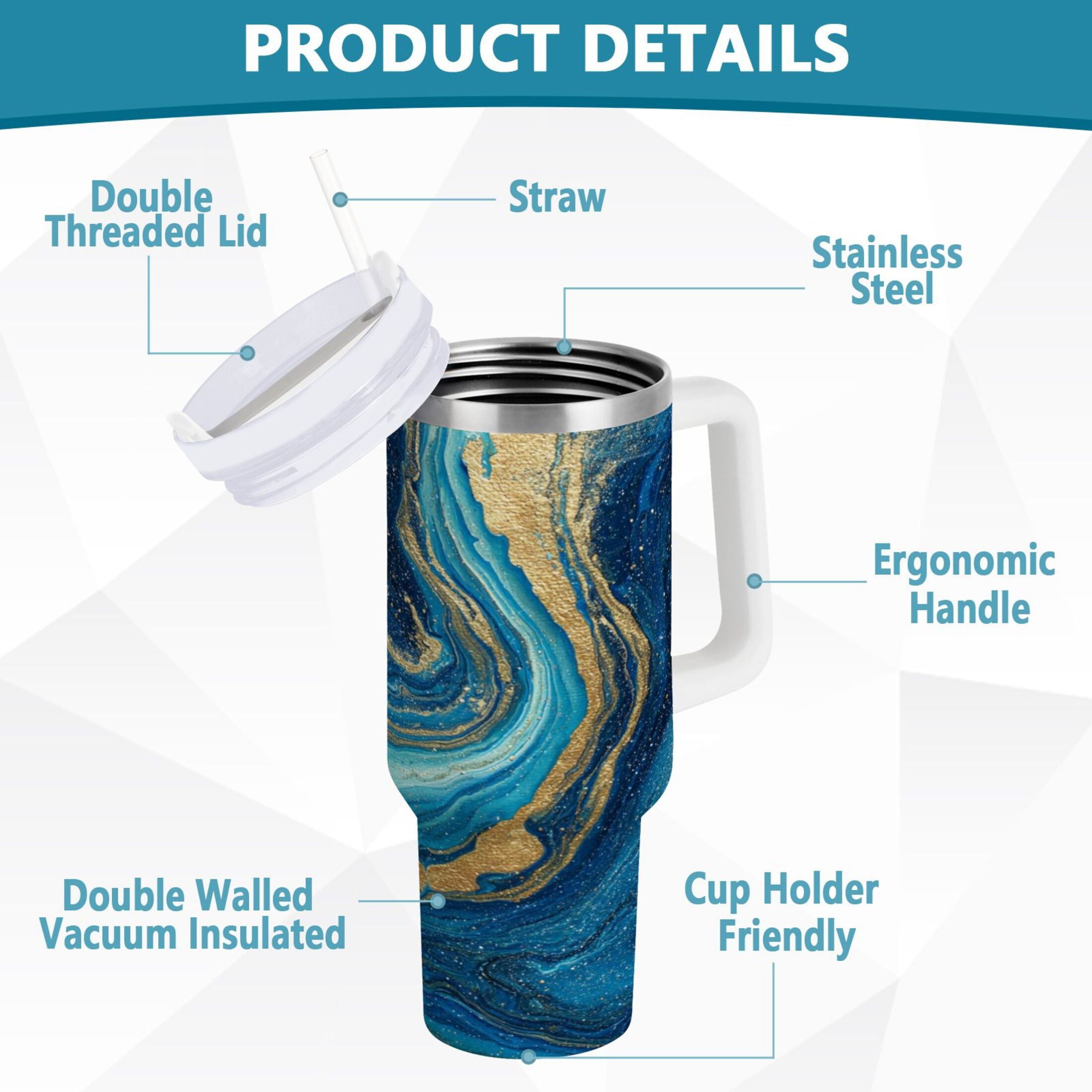 30 oz Insulated Stainless Steel Tumbler Double Wall Stainless Steel Tumbler with 2-Way Drinking Blue and Gold Ocean [TV9M]