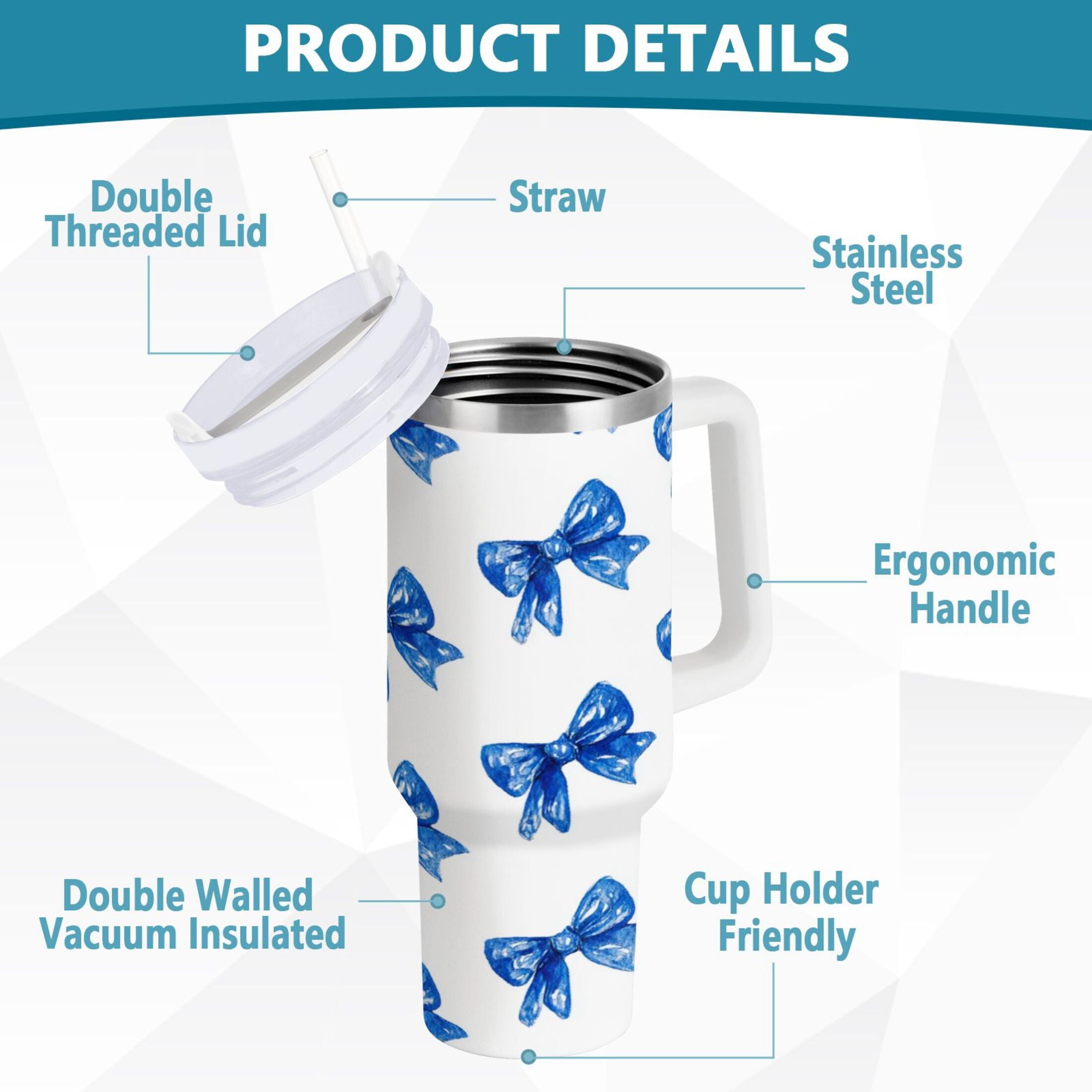 30 oz Insulated Stainless Steel Tumbler Double Wall Stainless Steel Tumbler with 2-Way Drinking Blue Bows Pattern [PR2Y]