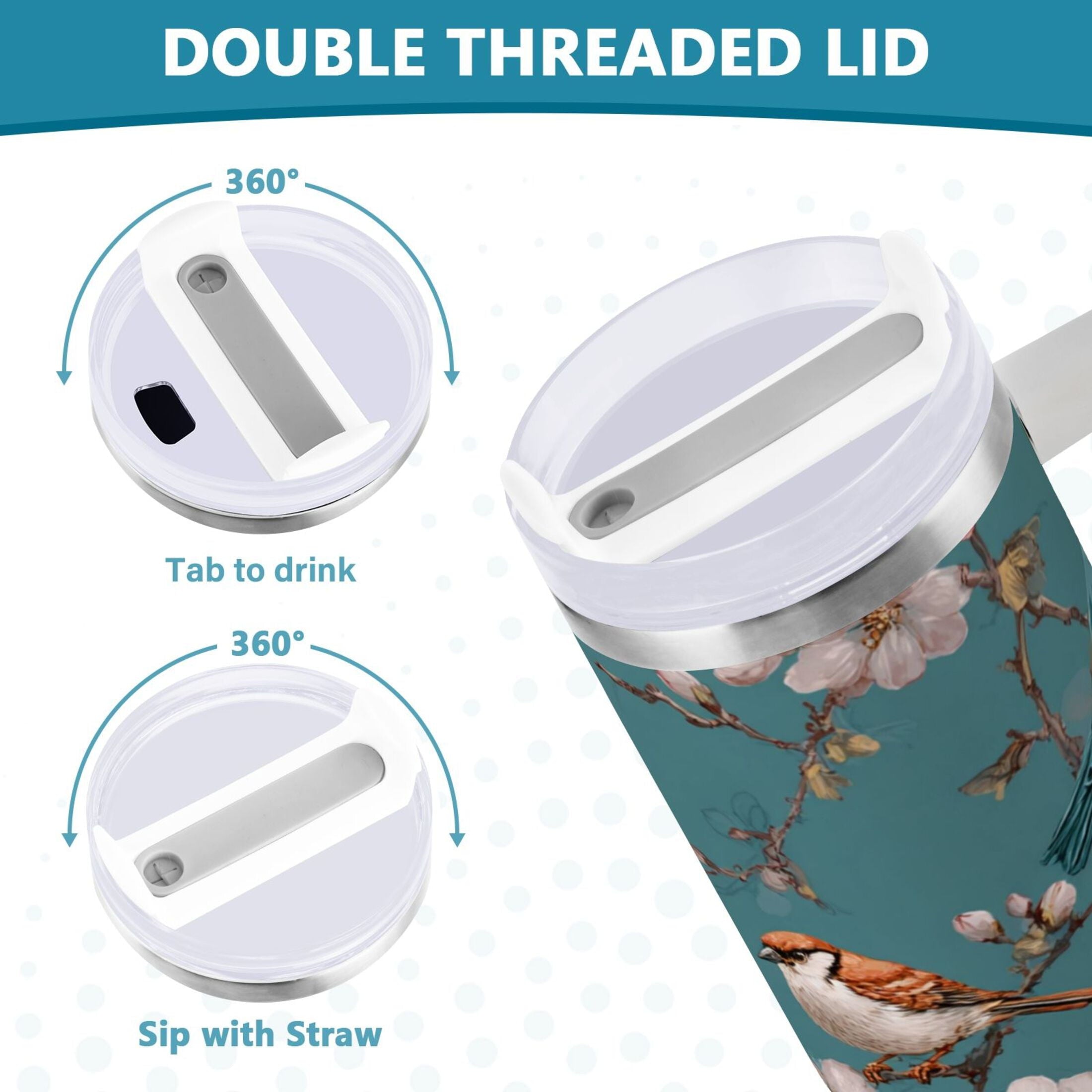 30 oz Insulated Stainless Steel Tumbler Double Wall Stainless Steel Tumbler with 2-Way Drinking Birds and Cherry Pattern [M5HK]