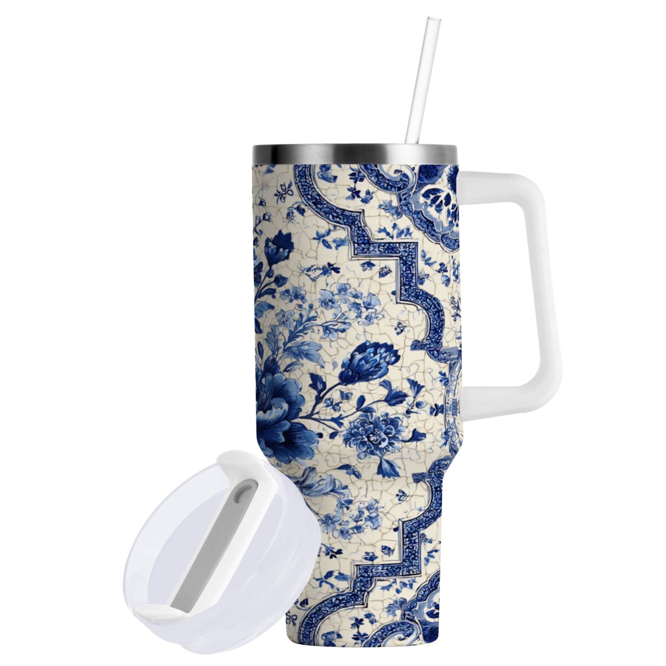 30 oz Insulated Stainless Steel Tumbler Double Wall Stainless Steel Tumbler with 2-Way Drinking Blue and White Porcelain-style [ZABH]
