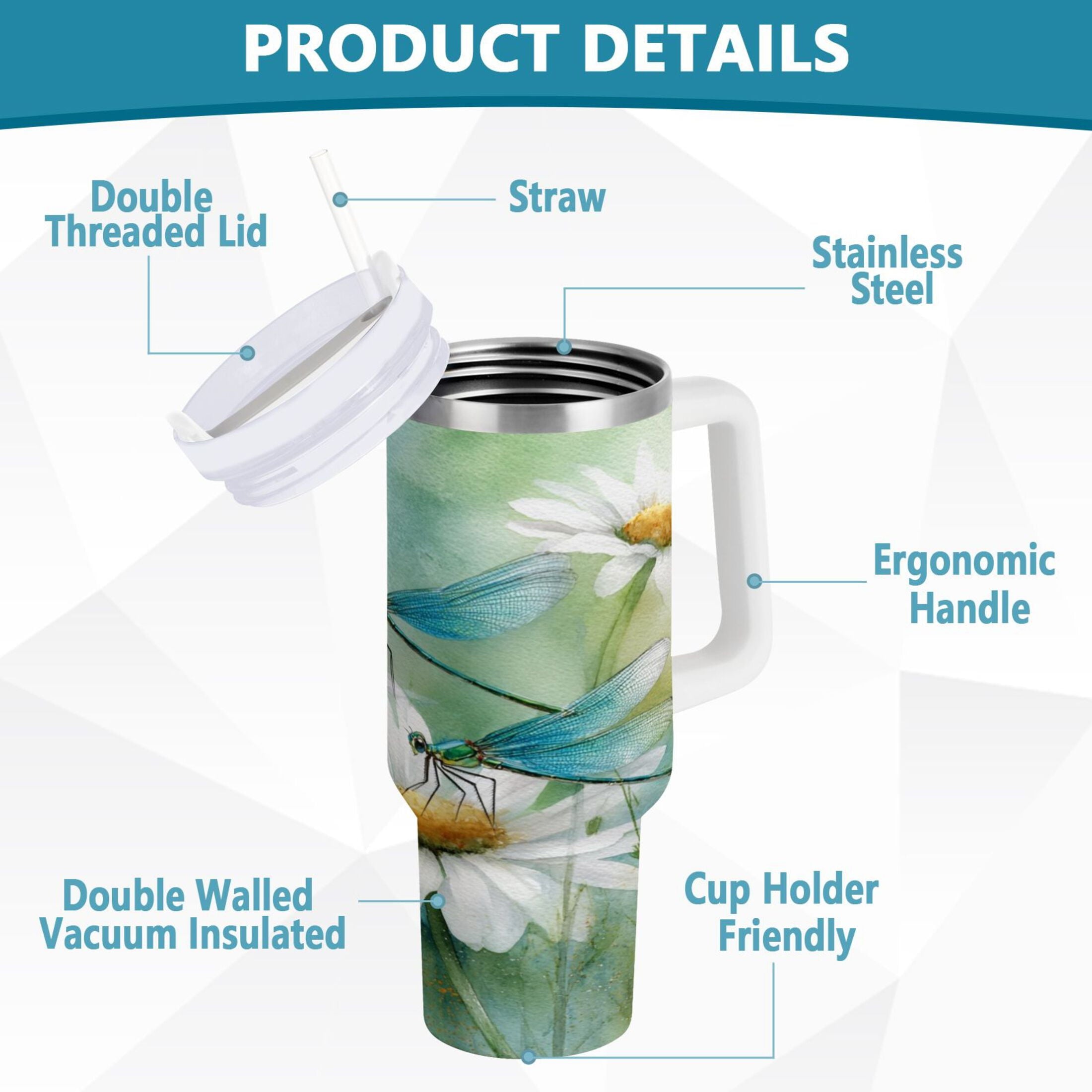 30 oz Insulated Stainless Steel Tumbler Double Wall Stainless Steel Tumbler with 2-Way Drinking Beautiful Dragonflies and Daisies [0V40]