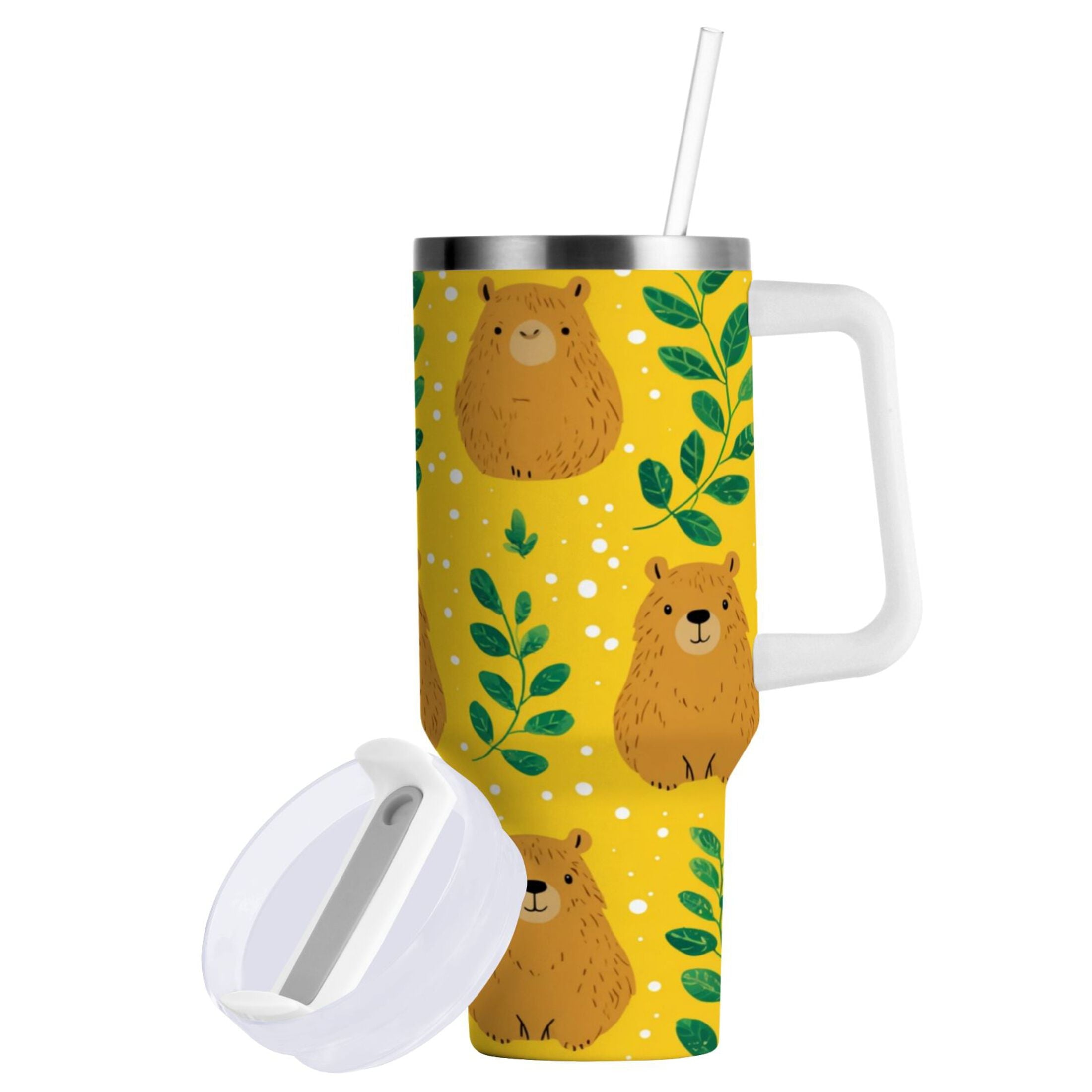 30 oz Insulated Stainless Steel Tumbler Double Wall Stainless Steel Tumbler with 2-Way Drinking Capybara and Green Leaves [IJCM]
