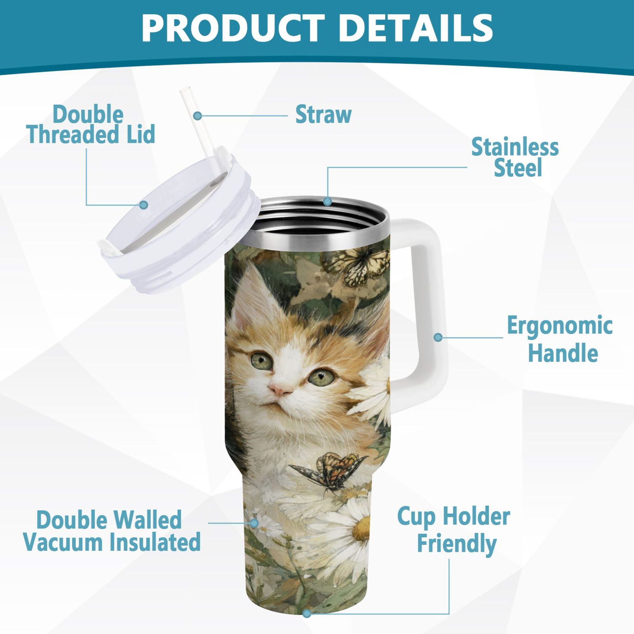 30 oz Insulated Stainless Steel Tumbler Double Wall Stainless Steel Tumbler with 2-Way Drinking Adorable Cats and Daisies [W0R8]