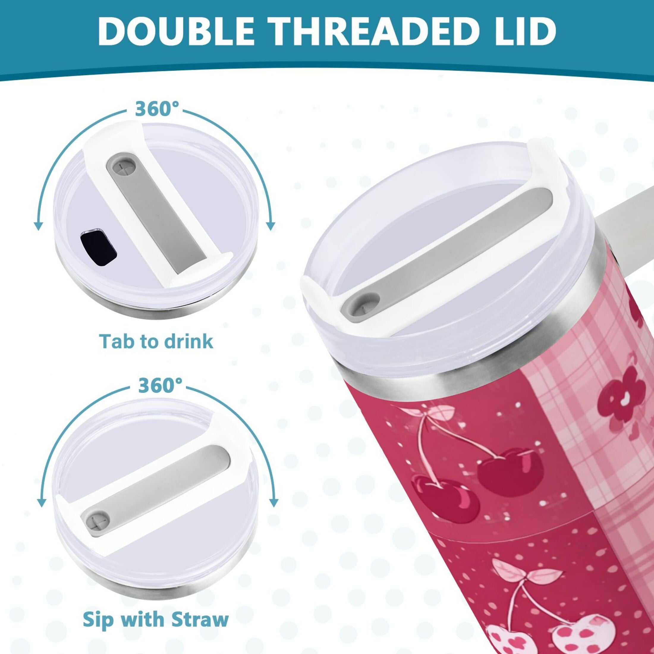 30 oz Insulated Stainless Steel Tumbler Double Wall Stainless Steel Tumbler with 2-Way Drinking Cherry Pattern with Bows [SC3Y]