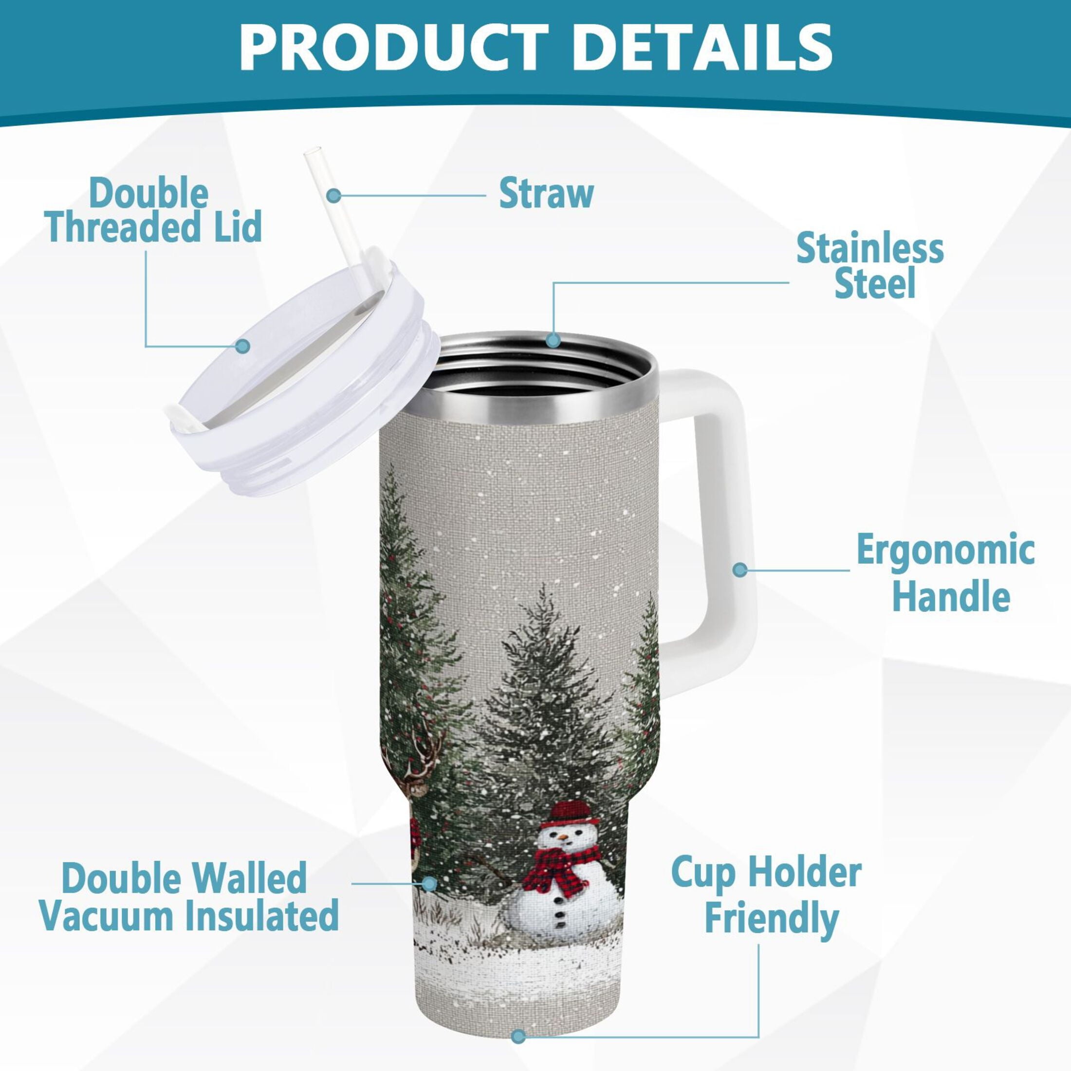 30 oz Insulated Stainless Steel Tumbler Double Wall Stainless Steel Tumbler with 2-Way Drinking Christmas Deer and Snowmen [PE84]